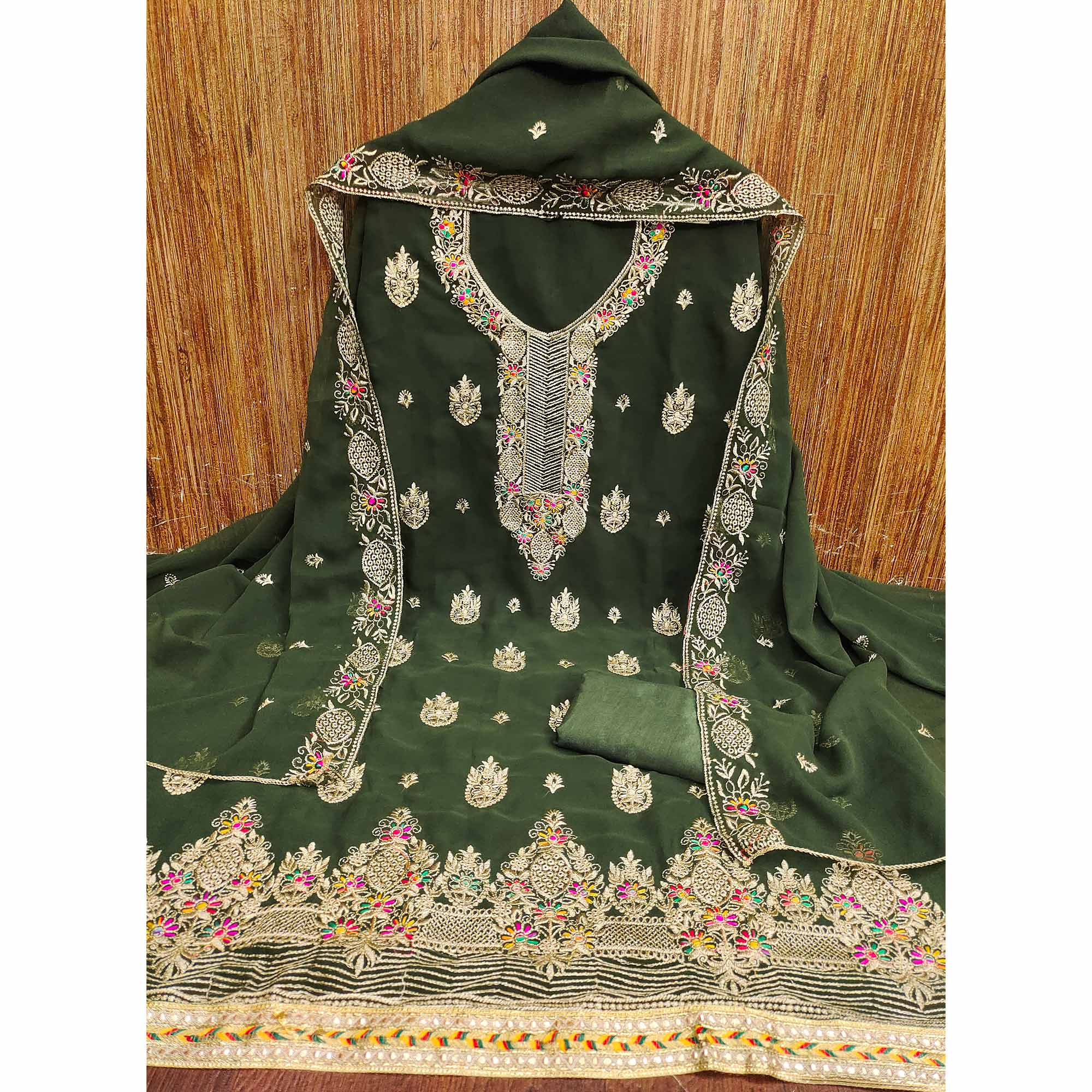 Mehendi Green Floral Embroidered Georgette Dress Material