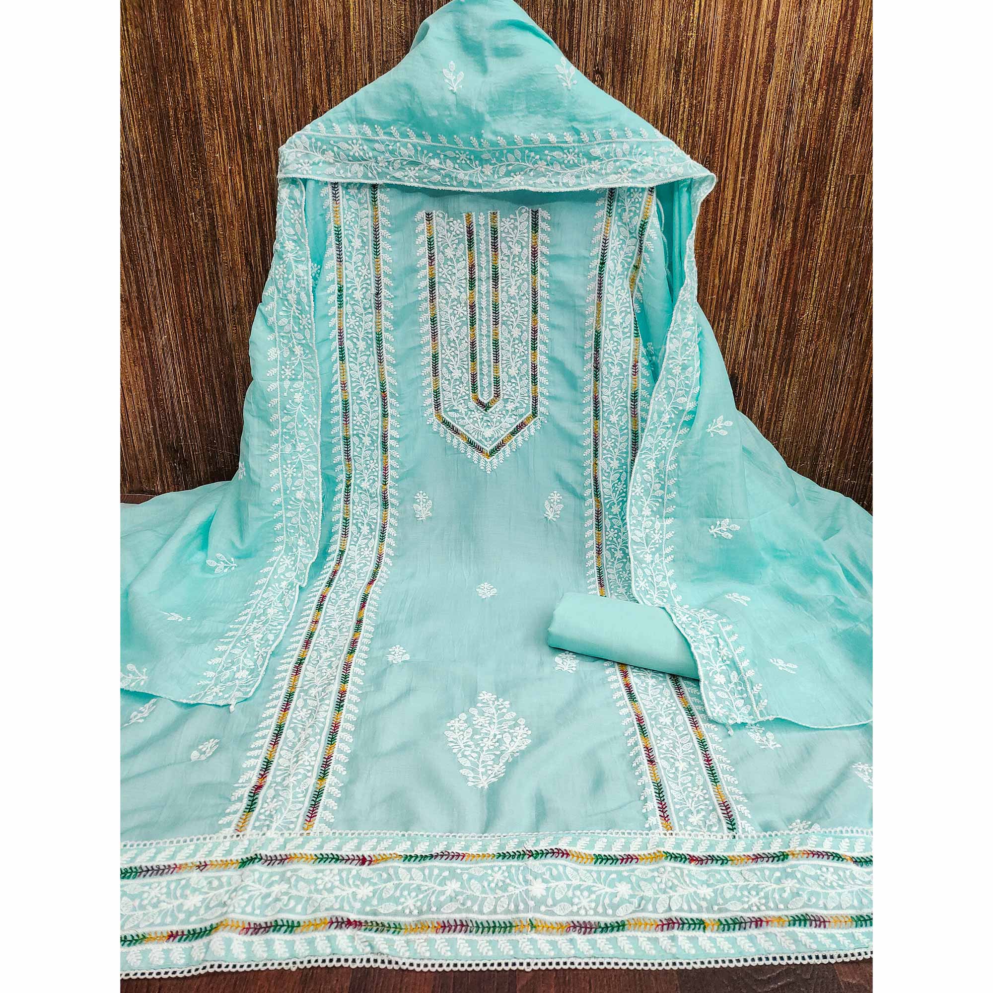 Blue Floral Embroidered Cotton Silk Dress Material