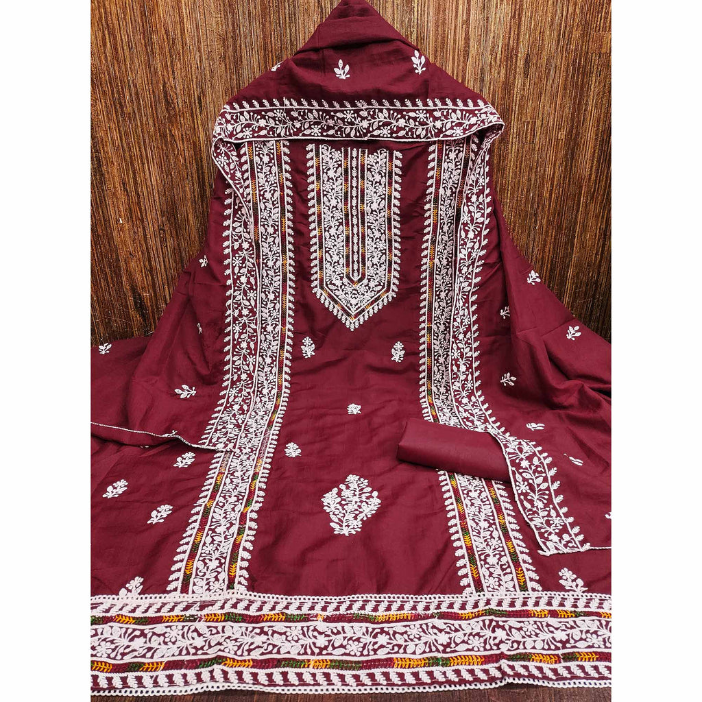 Maroon Floral Embroidered Cotton Silk Dress Material
