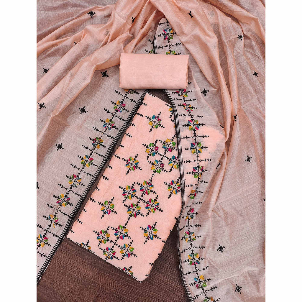 Peach Embroidered Chanderi Cotton Dress Material