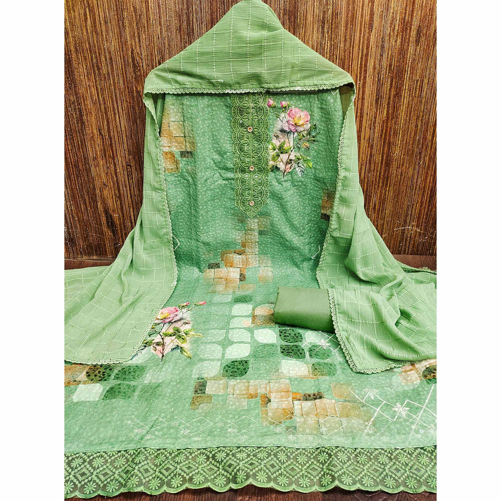 Green Schiffli Embroidered Cotton Blend Dress Material With Floral Digital Print