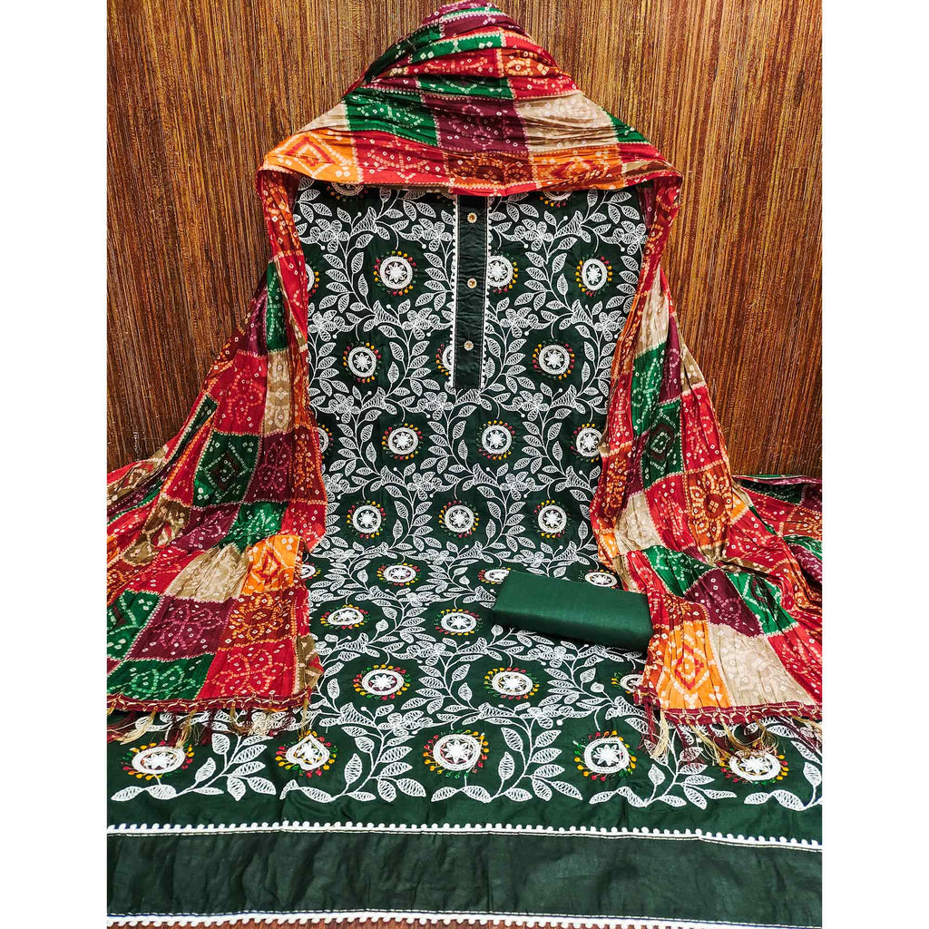 Green Floral Embroidered Cotton Blend Dress Material