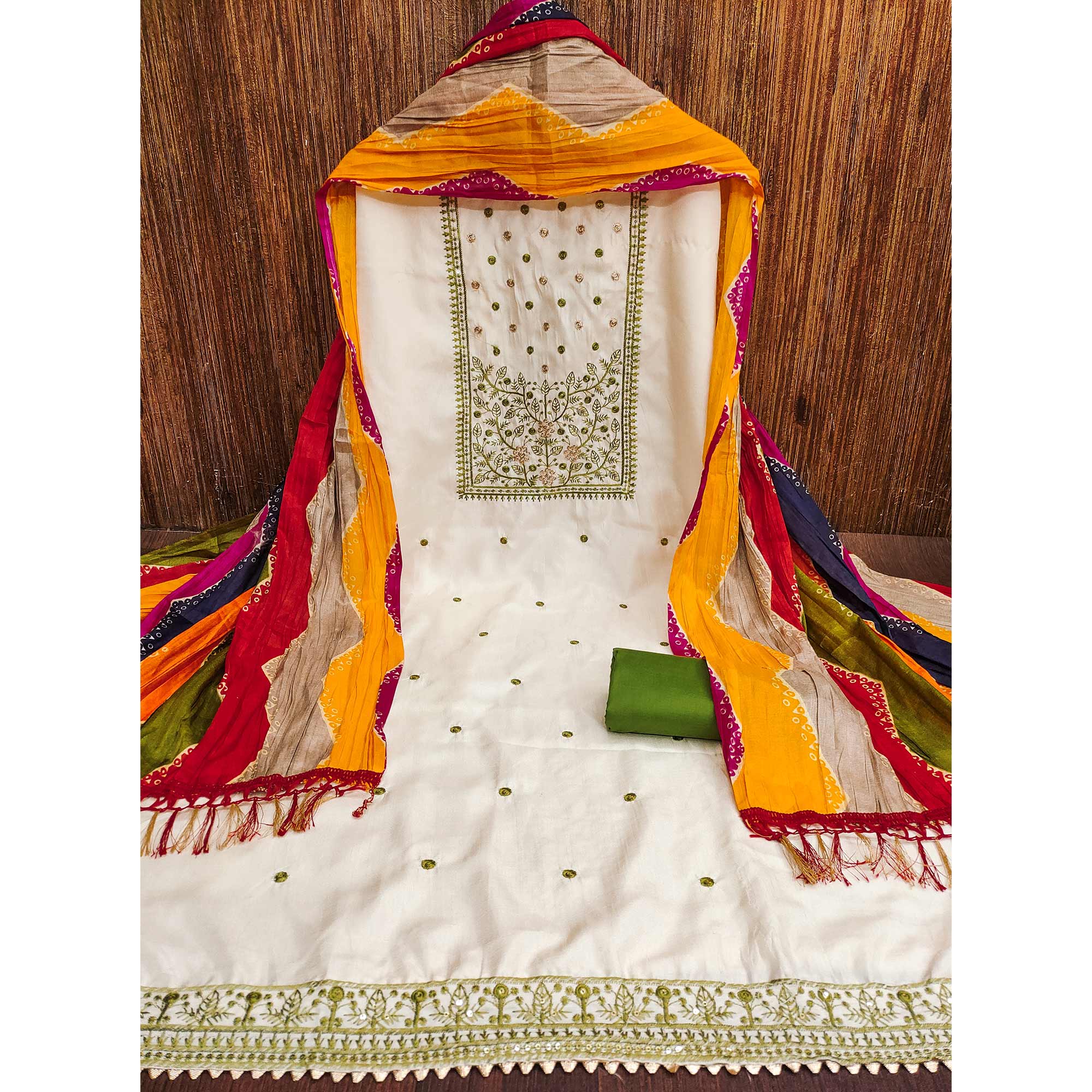 Cream & Green Floral Sequins Embroidered Cotton Silk Dress Material