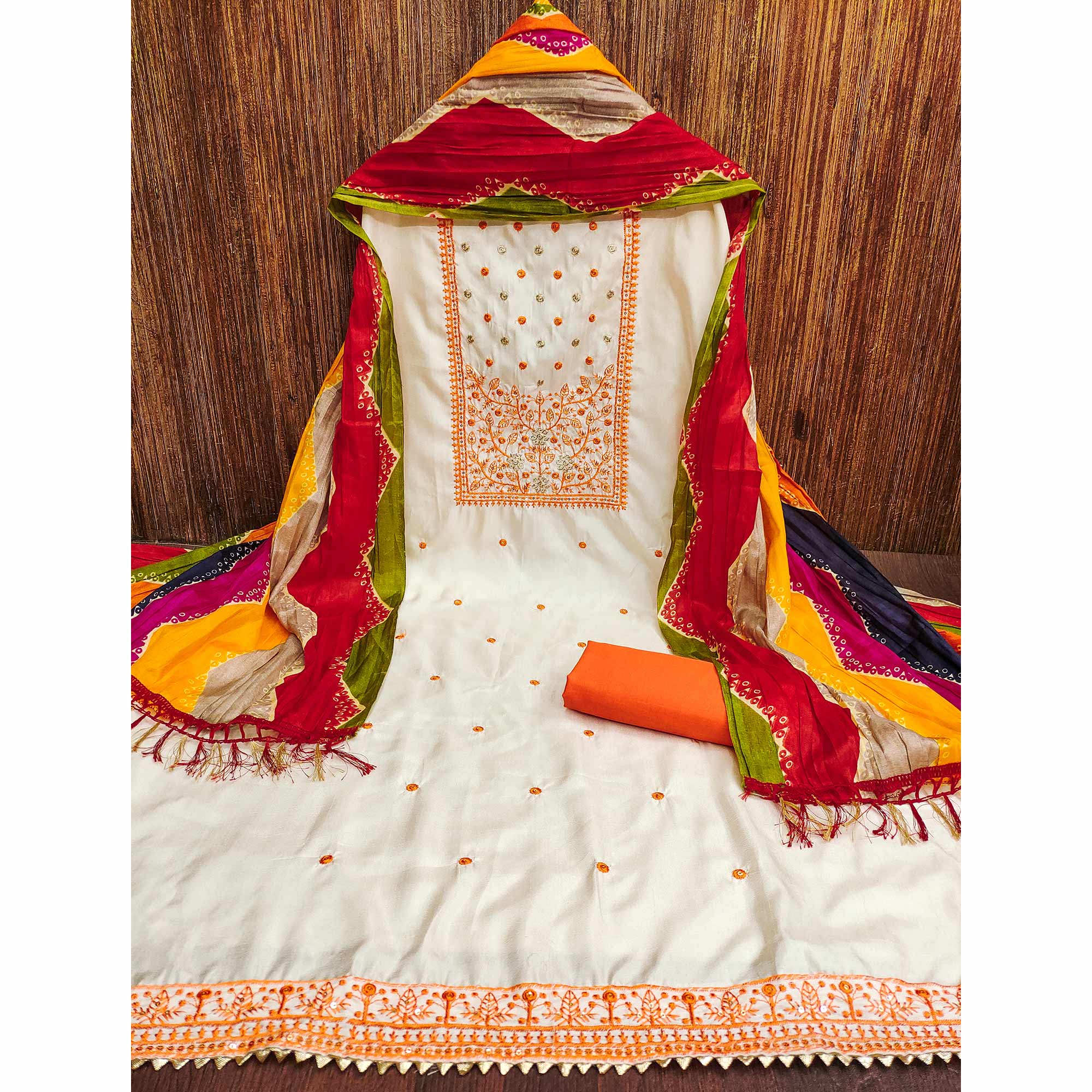 Cream & Orange Floral Sequins Embroidered Cotton Silk Dress Material