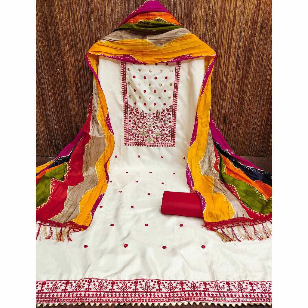 Cream & Red Floral Sequins Embroidered Cotton Silk Dress Material