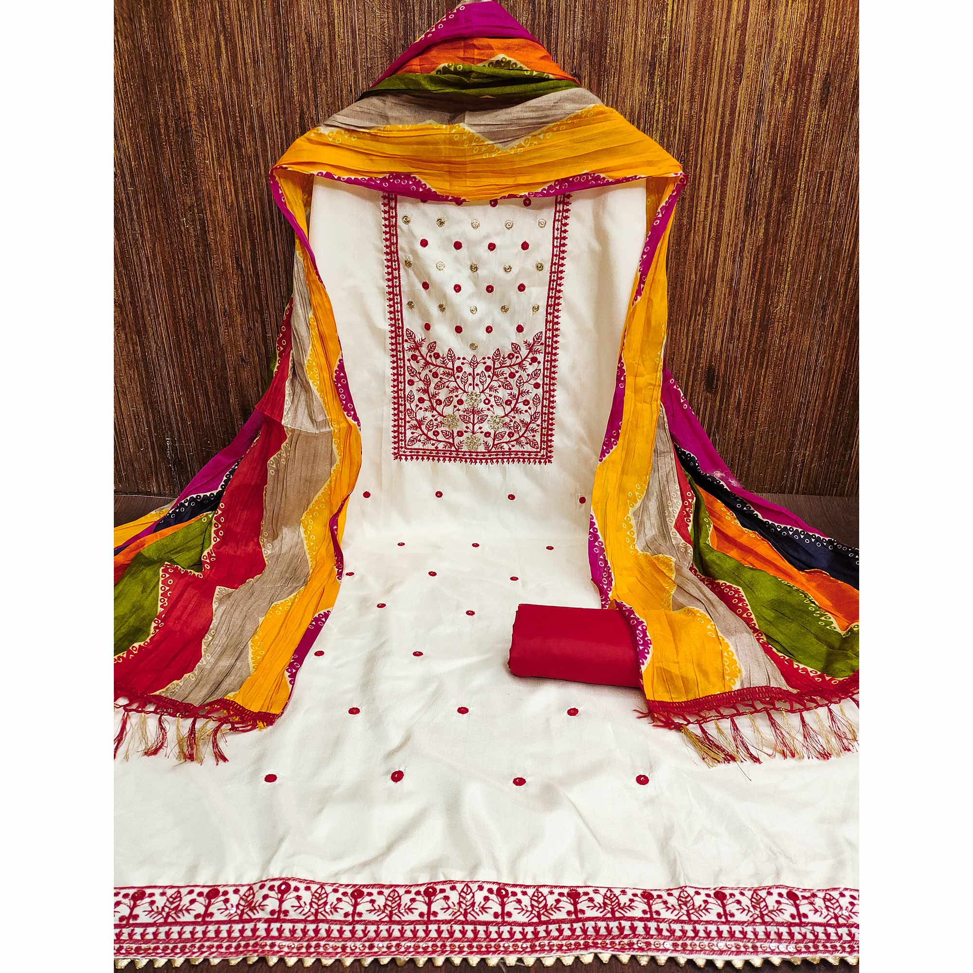 Cream & Red Floral Sequins Embroidered Cotton Silk Dress Material