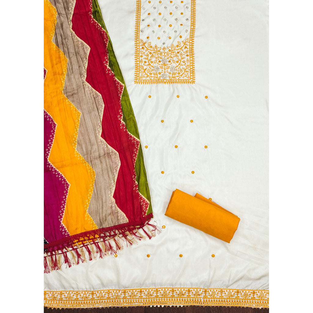 Cream & Yellow Floral Sequins Embroidered Cotton Silk Dress Material