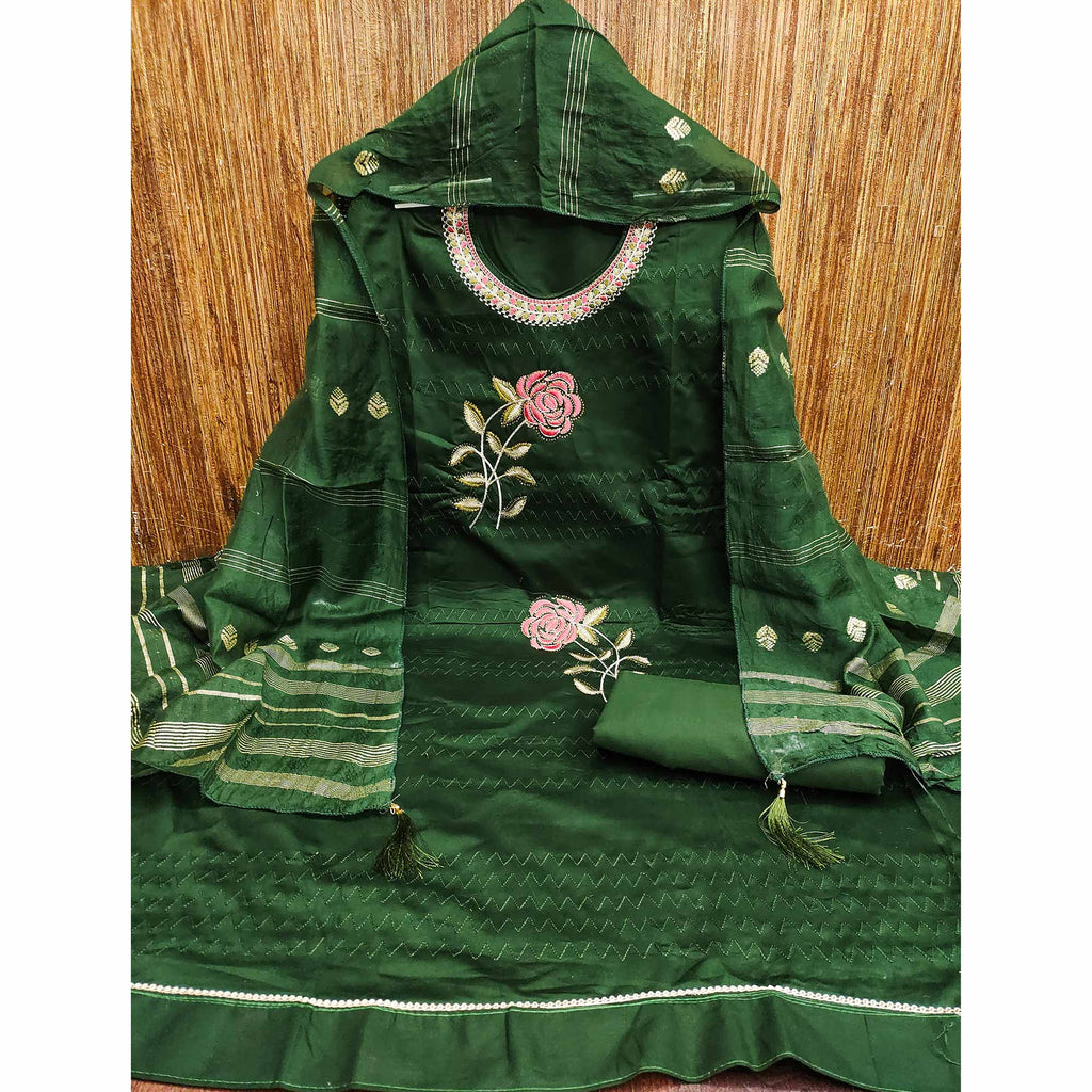 Green Cotton Blend Dress Material Adorned With Swarovski Accents and Floral Threadwork