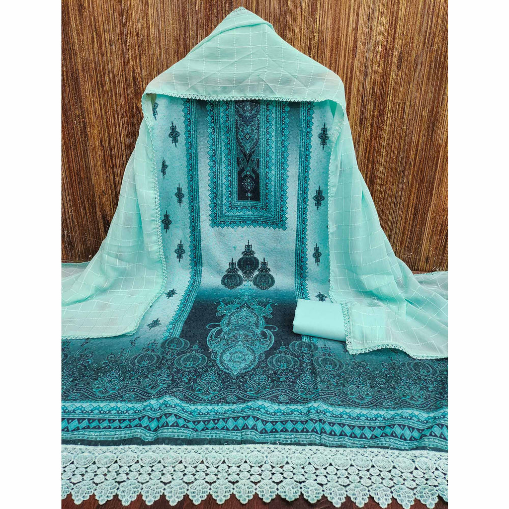 Blue Cotton Blend Dress Material With Elegant Schiffli Work & Artistic Digital Print