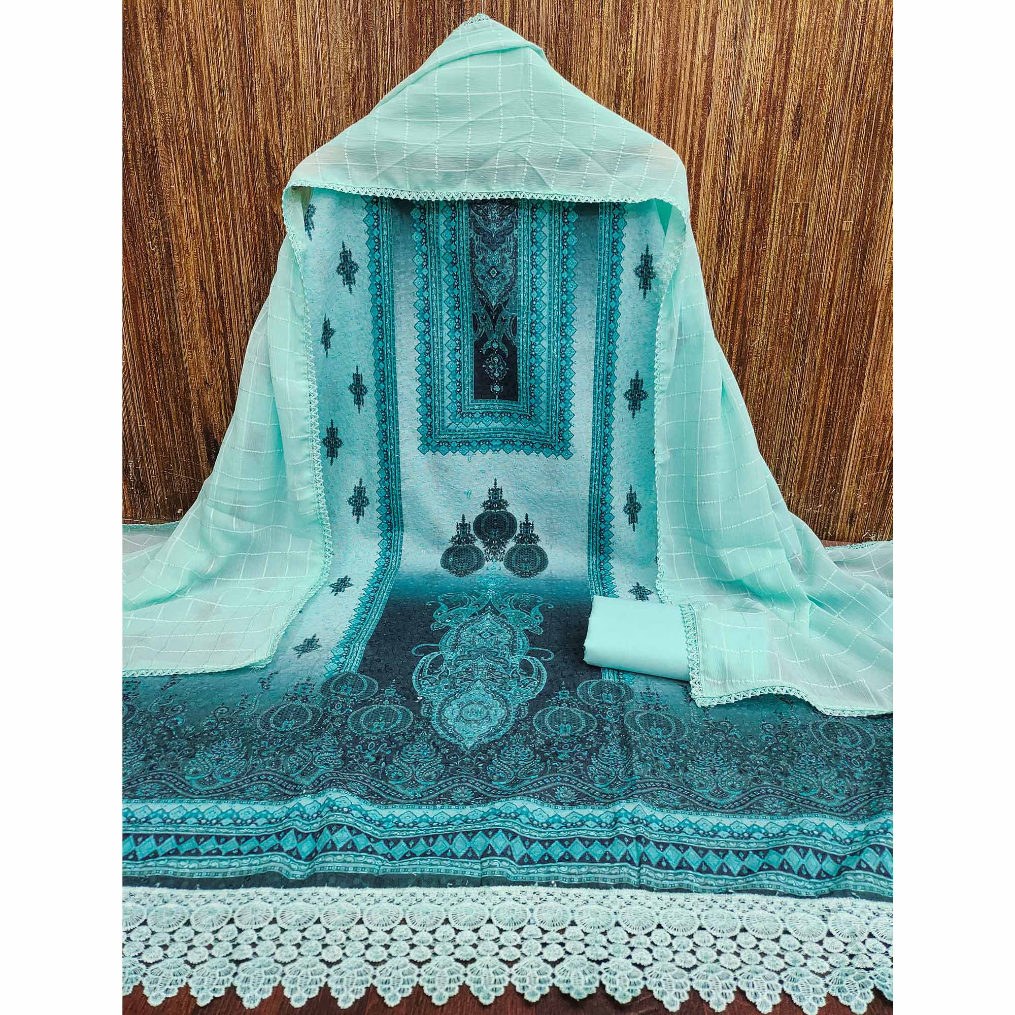 Blue Cotton Blend Dress Material With Elegant Schiffli Work & Artistic Digital Print