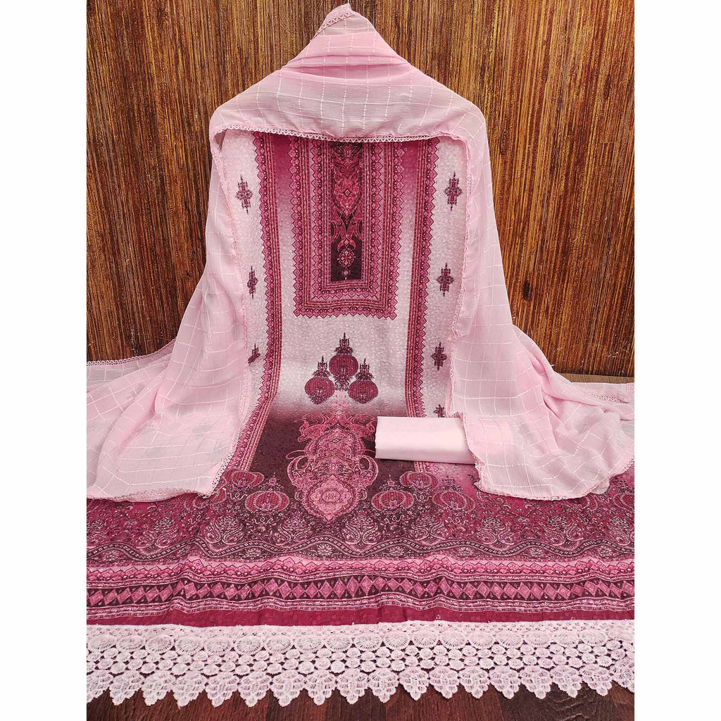 Pink Cotton Blend Dress Material With Elegant Schiffli Work & Artistic Digital Print
