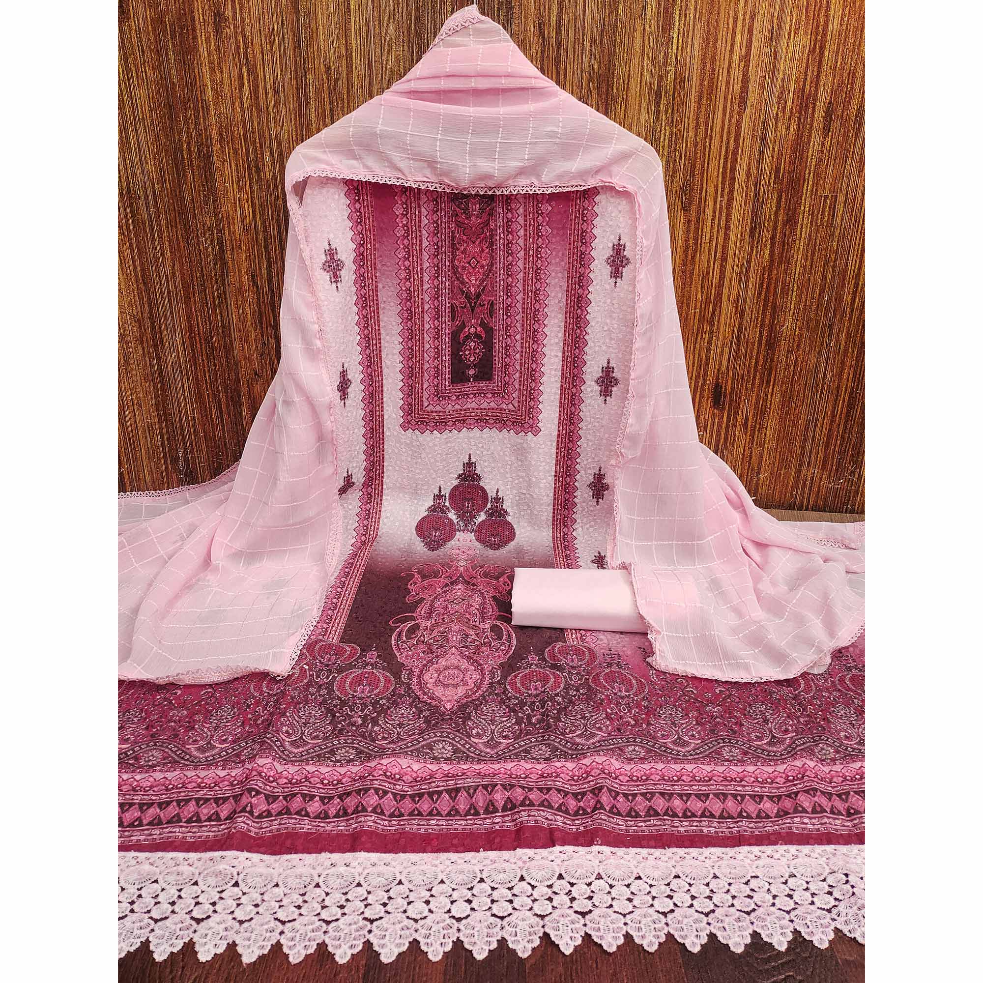 Pink Cotton Blend Dress Material With Elegant Schiffli Work & Artistic Digital Print