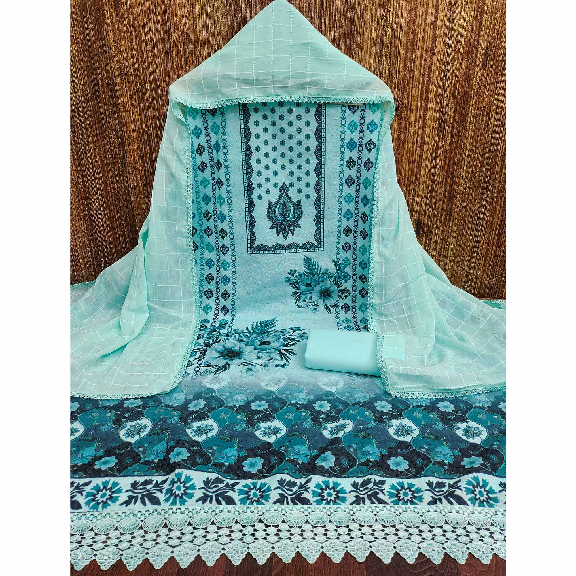 Blue Schiffli Embroidered Cotton Blend Dress Material With Floral Digital Print