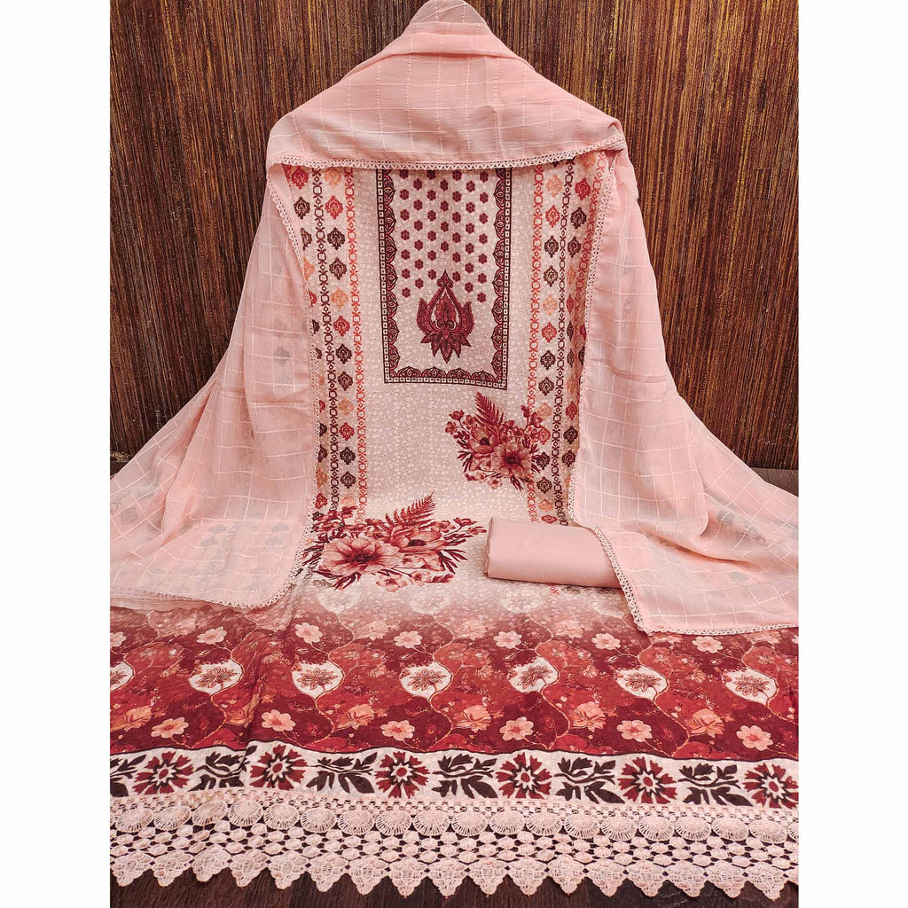 Peach Schiffli Embroidered Cotton Blend Dress Material With Floral Digital Print