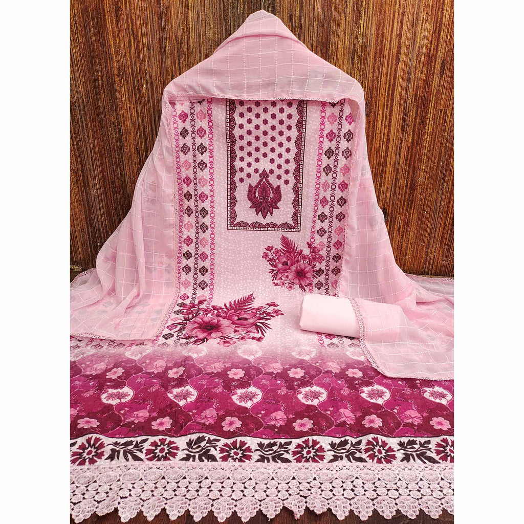 Pink Schiffli Embroidered Cotton Blend Dress Material With Floral Digital Print