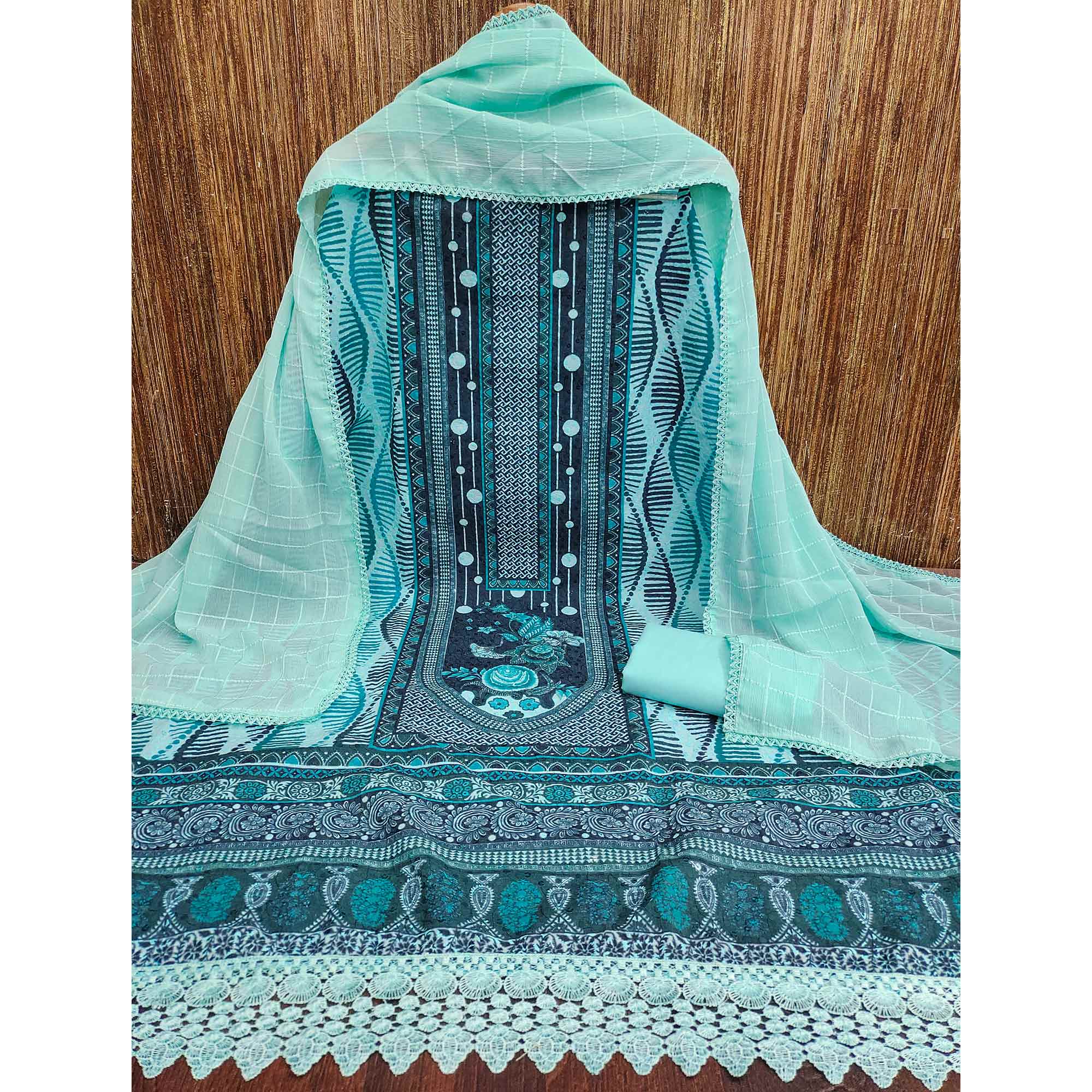 Blue Cotton Blend Dress Material With Schiffli Embroidery & Floral Digital Print