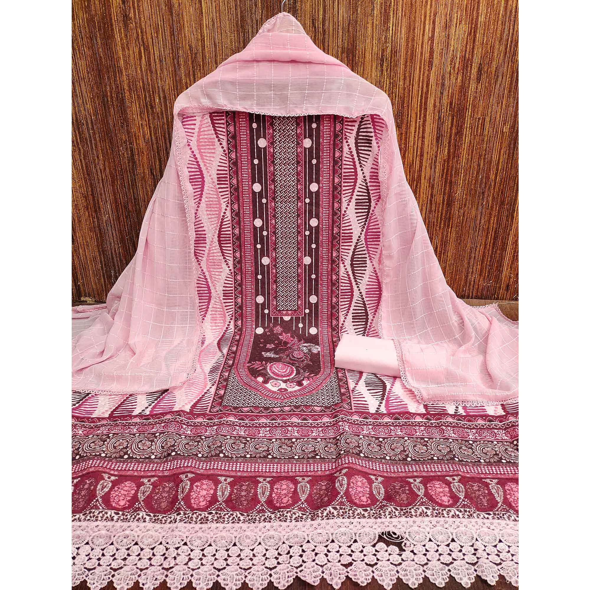 Pink Cotton Blend Dress Material With Schiffli Embroidery & Floral Digital Print