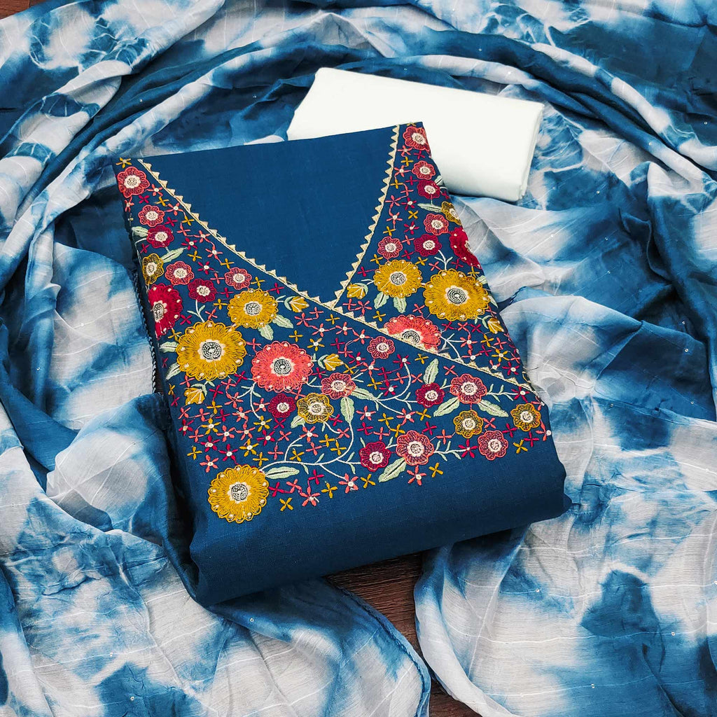 Blue Cotton Blend Dress Material With Floral Thread Embroidery