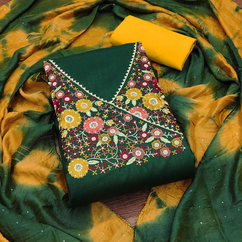 Green Cotton Blend Dress Material With Floral Thread Embroidery