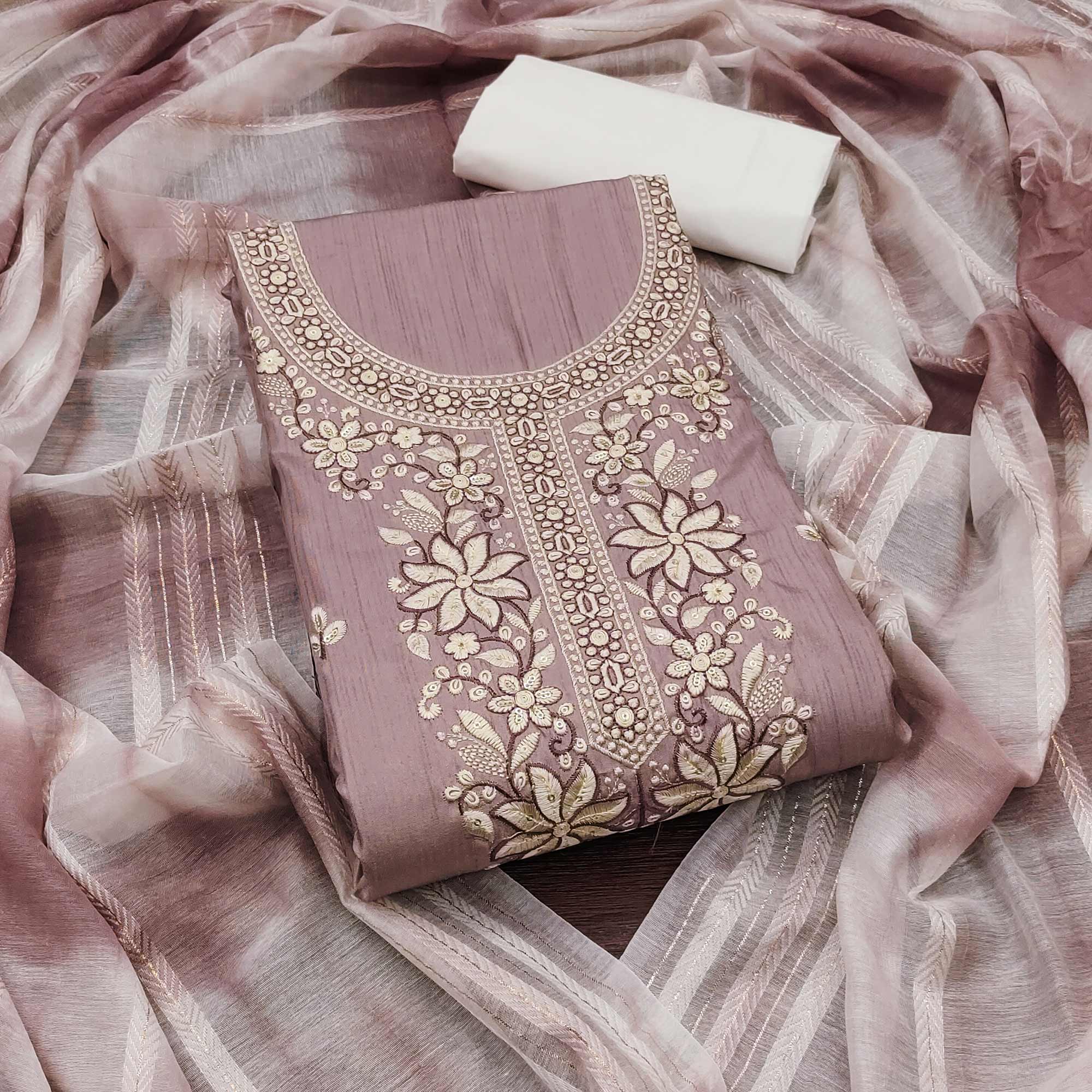 Dusty Rose Pink Floral Sequins Embroidered Cotton Silk Dress Material