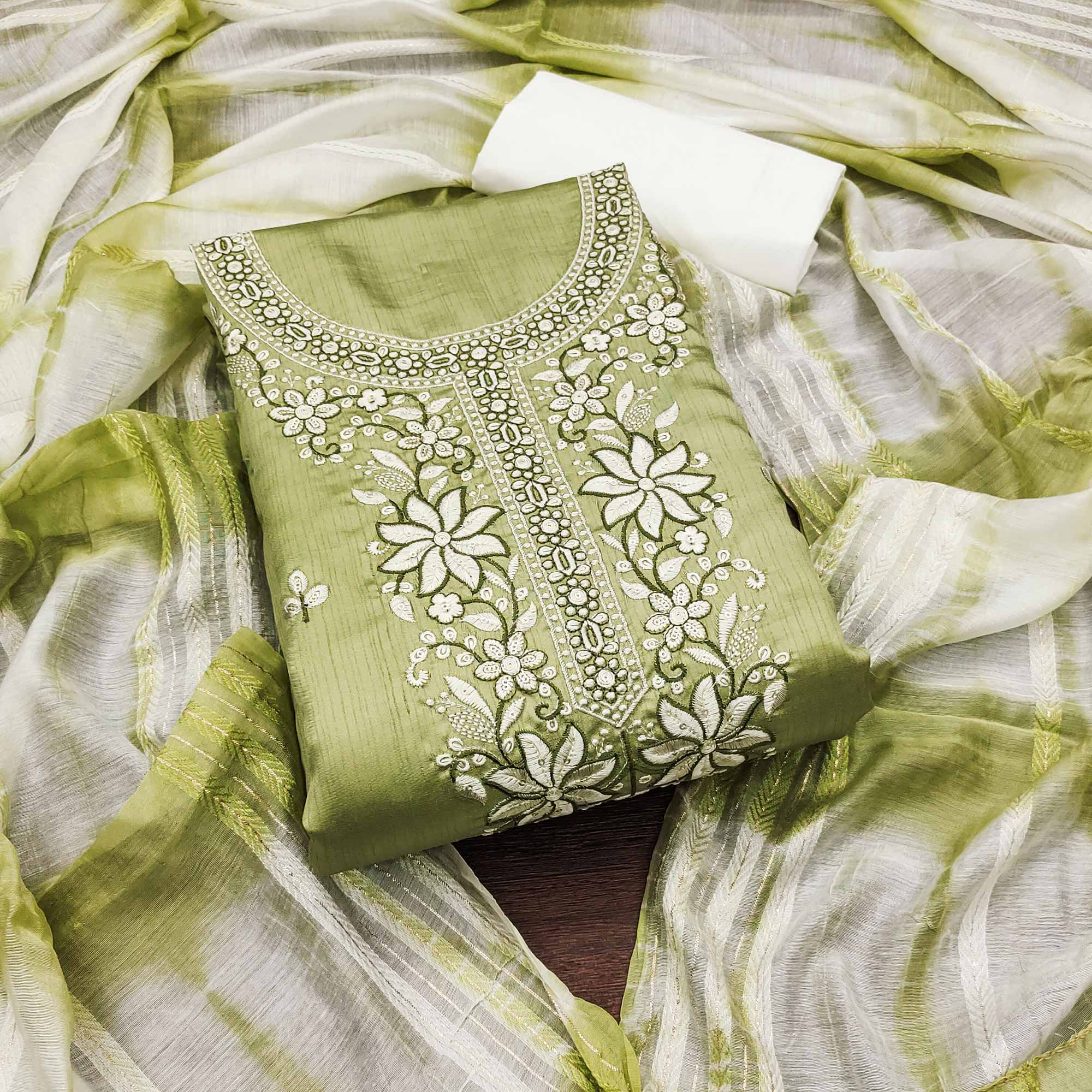 Green Floral Sequins Embroidered Cotton Silk Dress Material