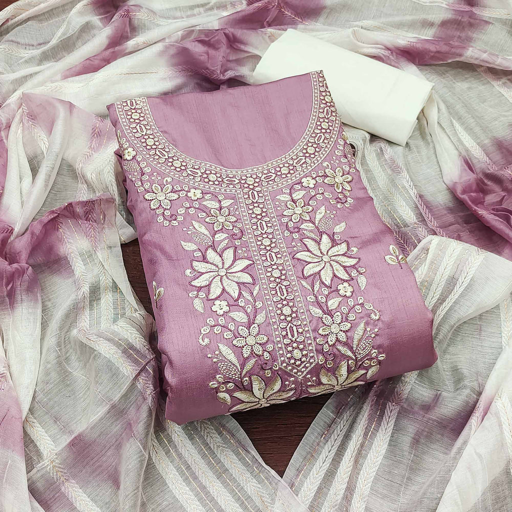 Onion Pink Floral Sequins Embroidered Cotton Silk Dress Material