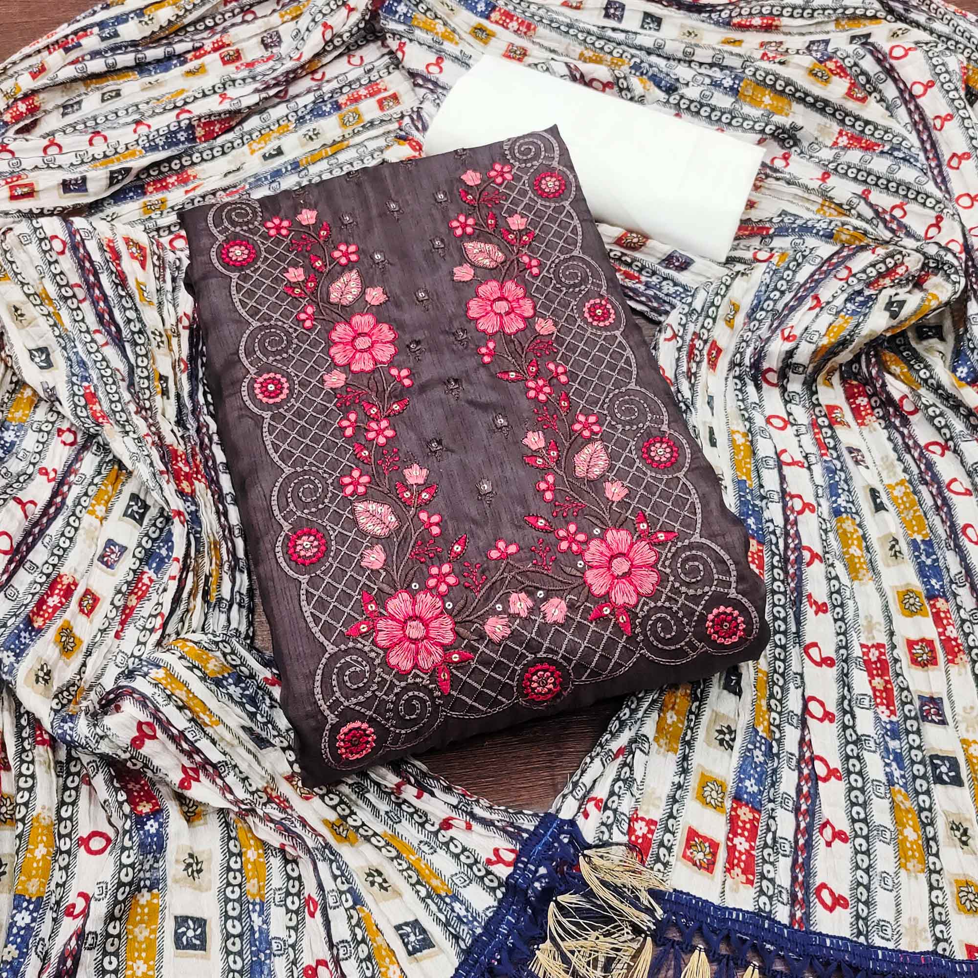 Dark Brown Floral Sequins Embroidered Cotton Silk Dress Material