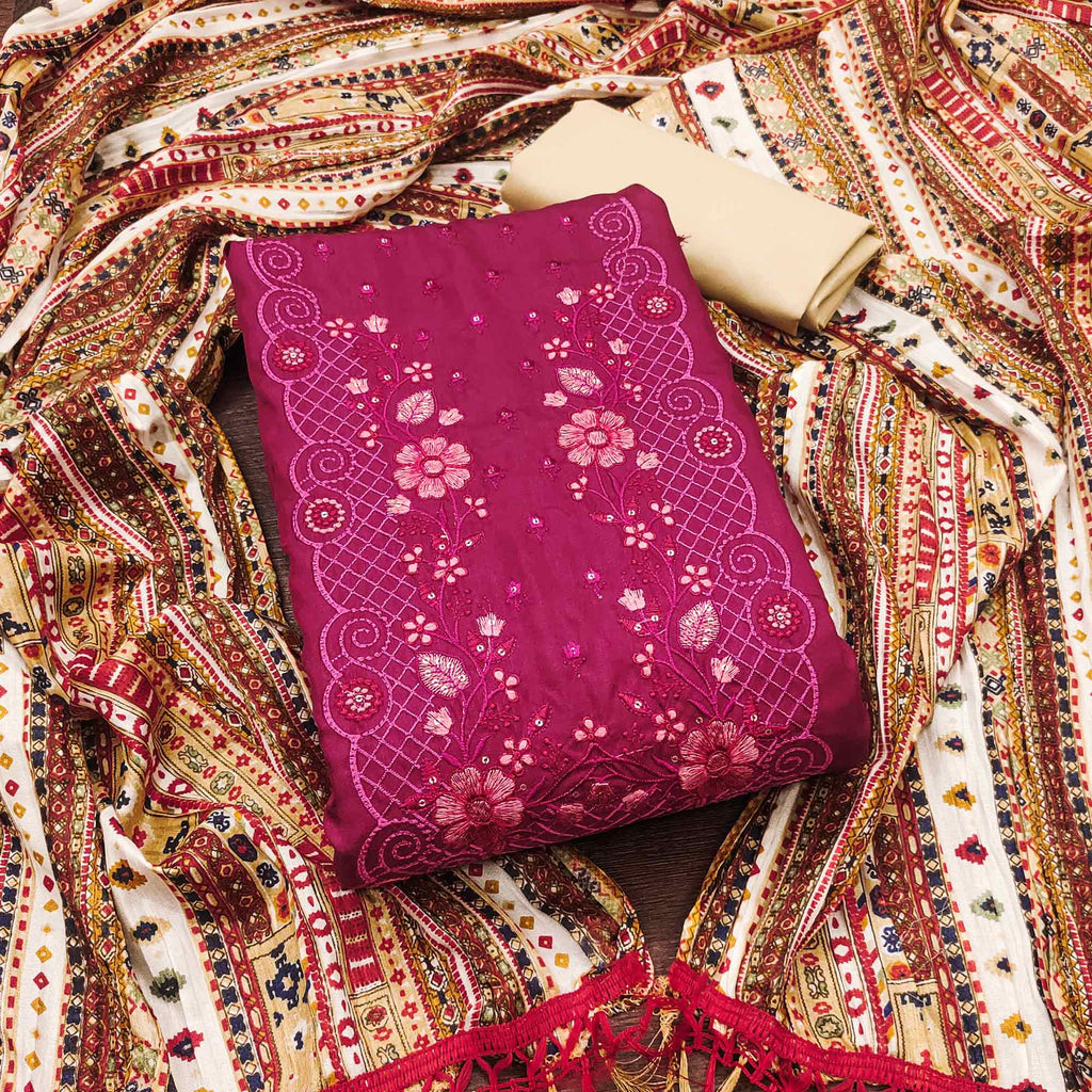 Pink Floral Sequins Embroidered Cotton Silk Dress Material