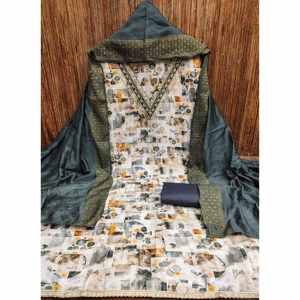 Grey Digital Printed Cotton Blend Dress Material With Intricate Neck Embroidery