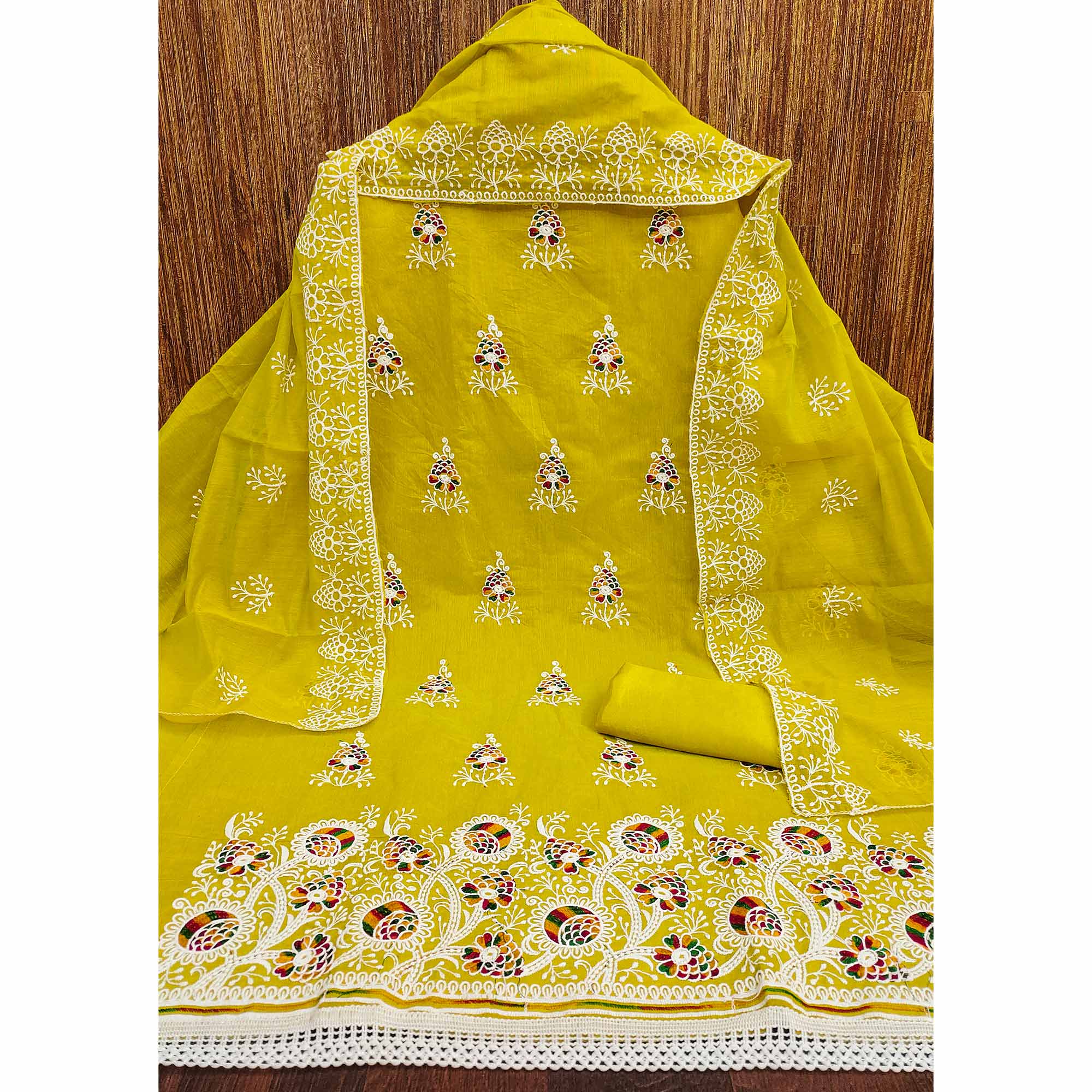 Green Chanderi Cotton Dress Material with Elegant Floral Thread Embroidery