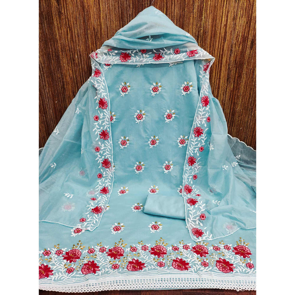 Blue Floral Embroidered Chanderi Cotton Dress Material