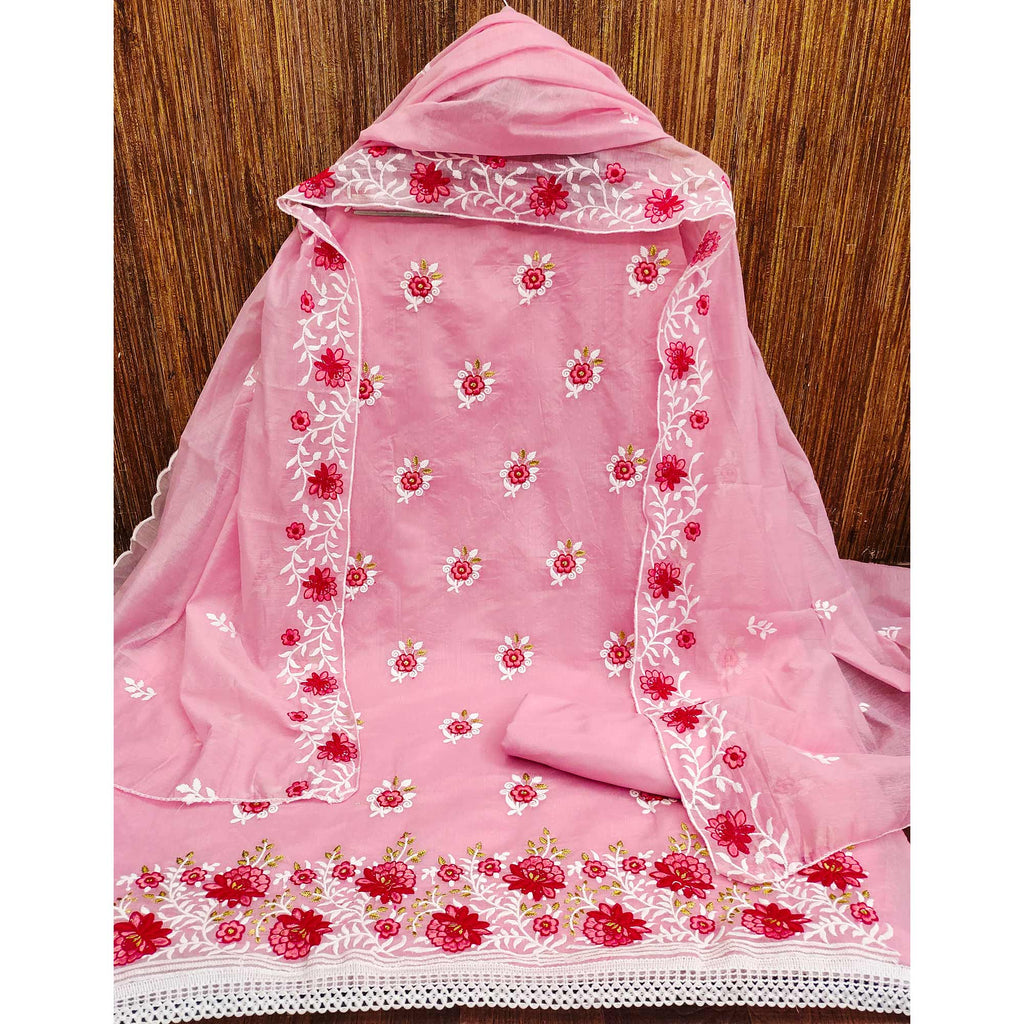 Pink Floral Embroidered Chanderi Cotton Dress Material
