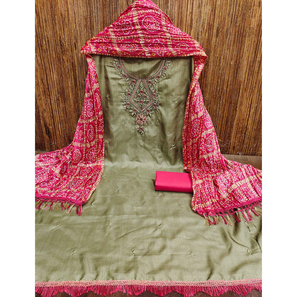 Green Floral Sequins Embroidered Cotton Silk Dress Material