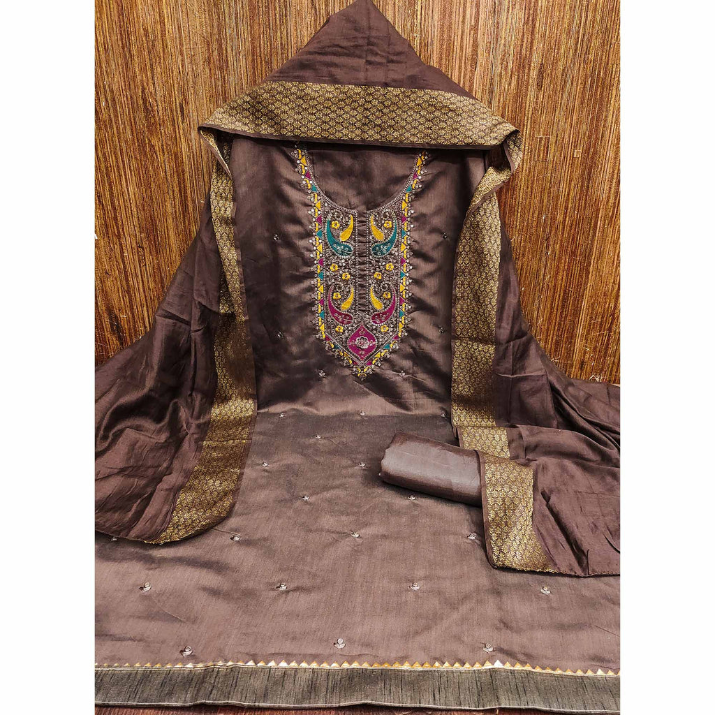 Brown Floral Sequins Embroidered Cotton Silk Dress Material