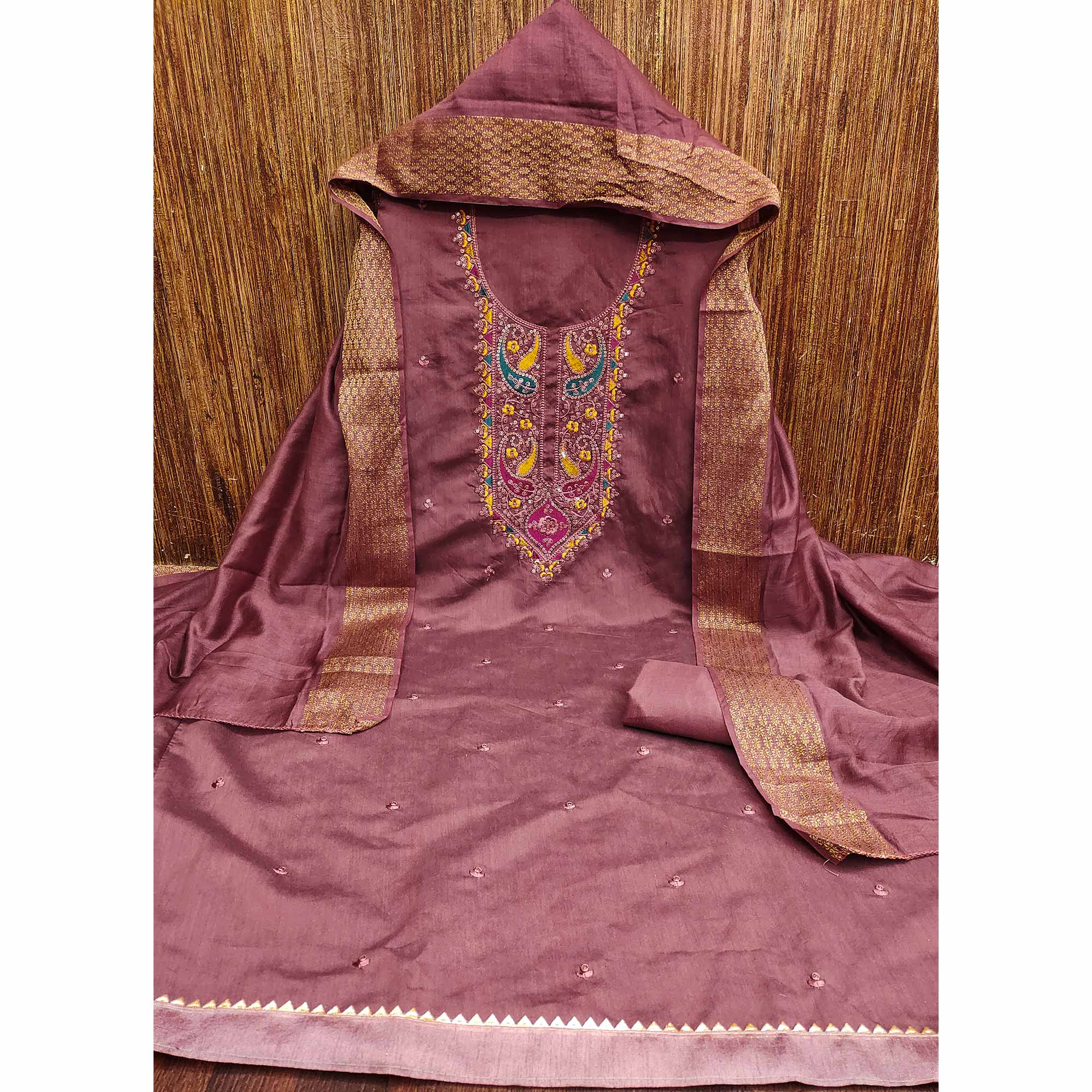 Dusty Rose Pink Floral Sequins Embroidered Cotton Silk Dress Material