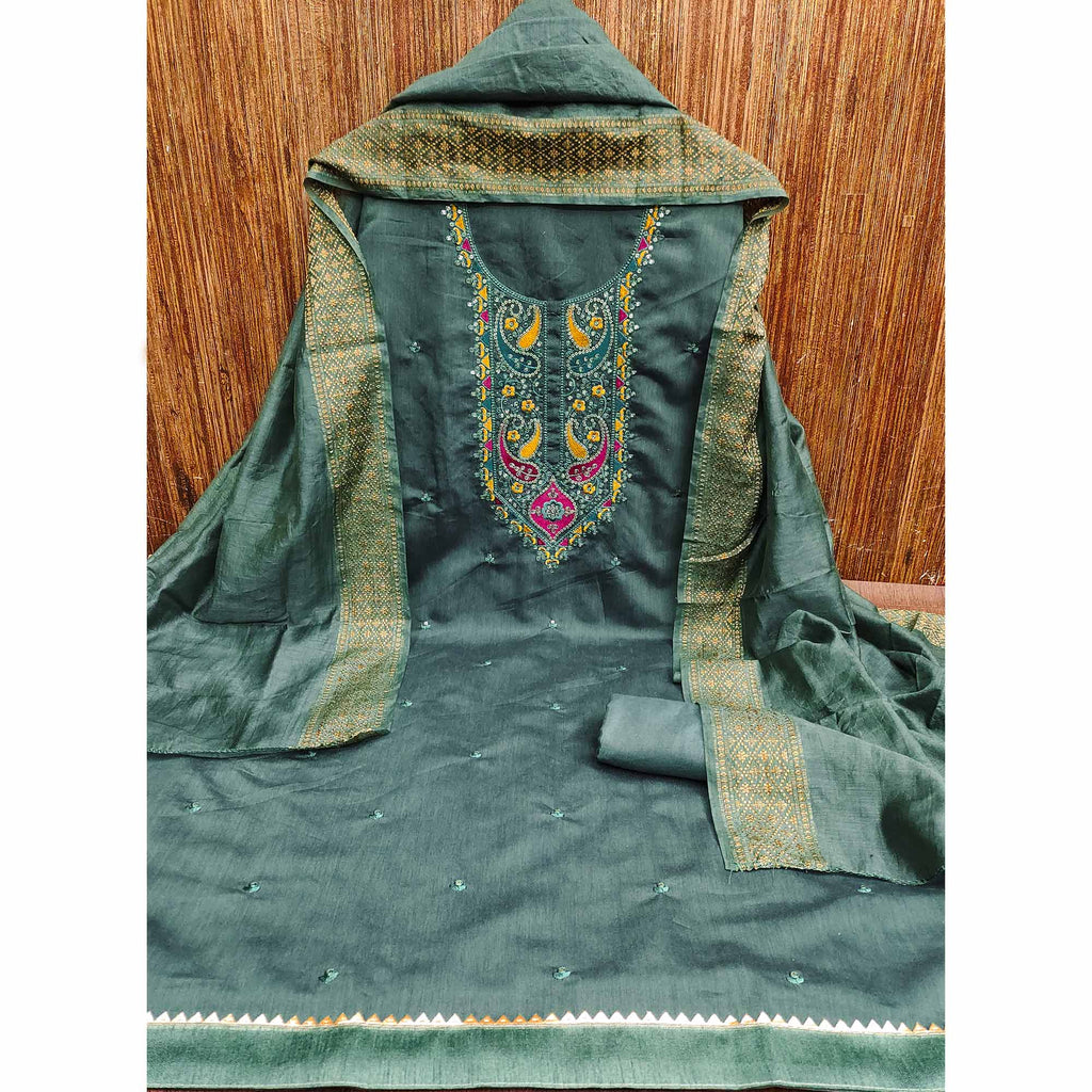 Green Floral Sequins Embroidered Cotton Silk Dress Material