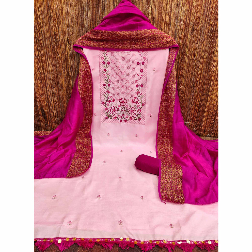 Light Pink Floral Sequins Embroidered Cotton Silk Dress Material