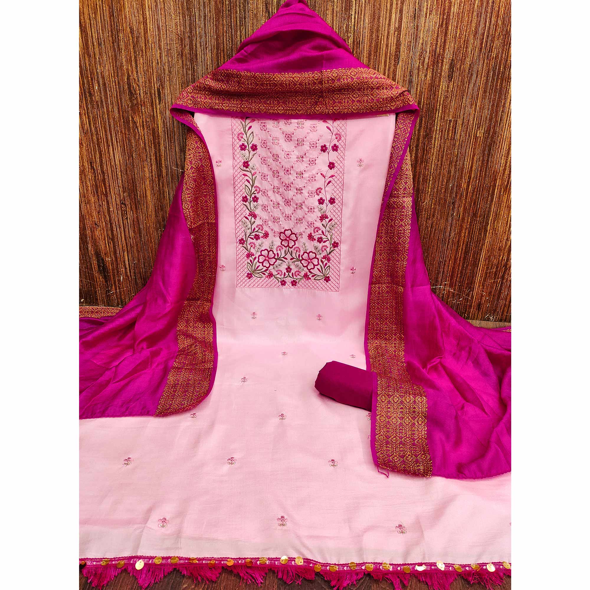 Light Pink Floral Sequins Embroidered Cotton Silk Dress Material