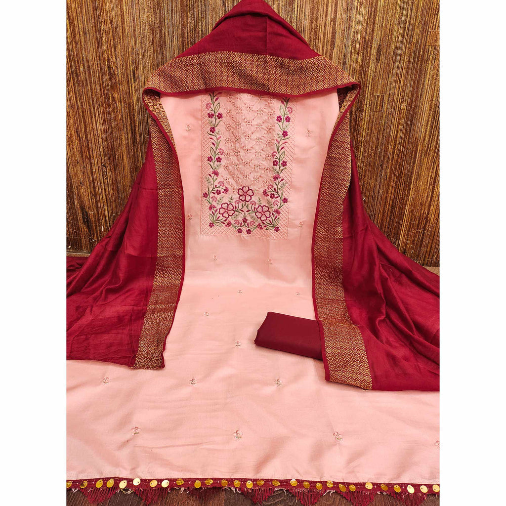 Peach Floral Sequins Embroidered Cotton Silk Dress Material