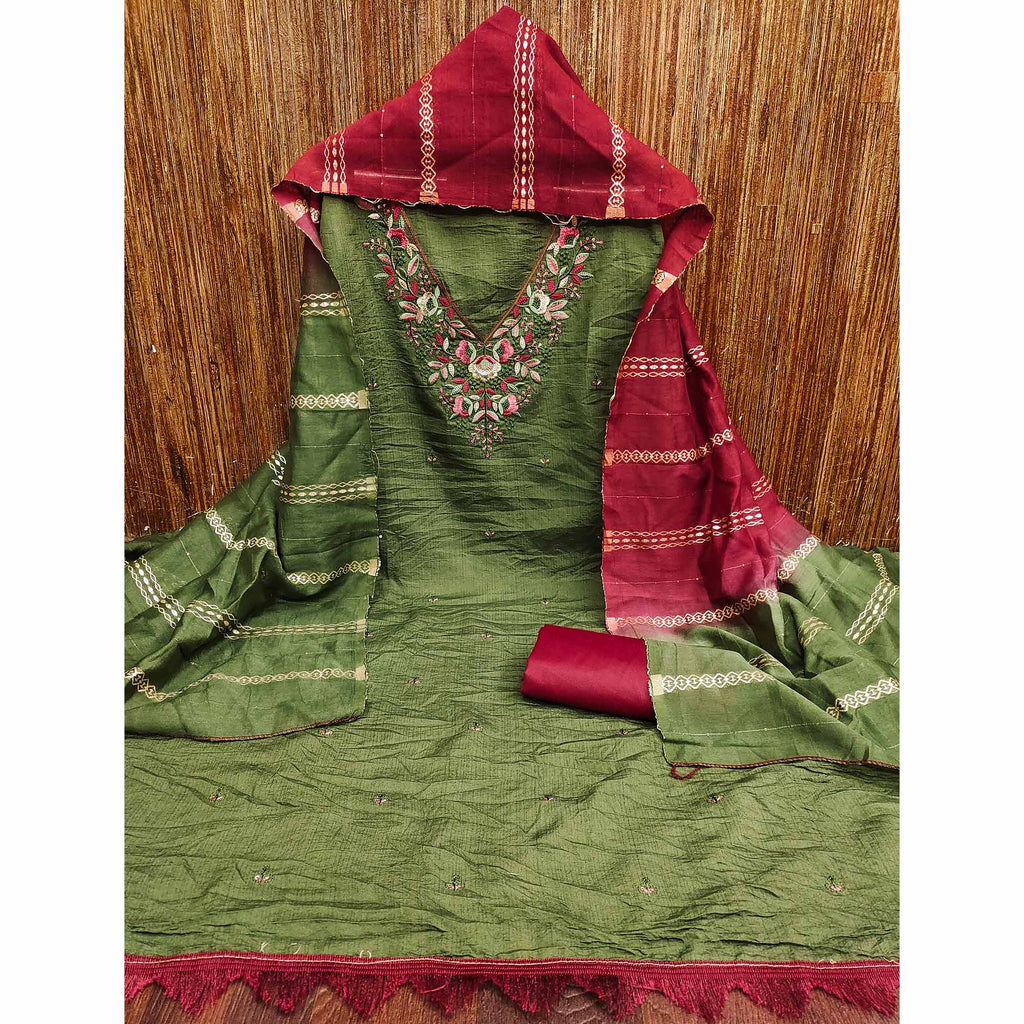 Green Floral Sequins Embroidered Cotton Silk Dress Material