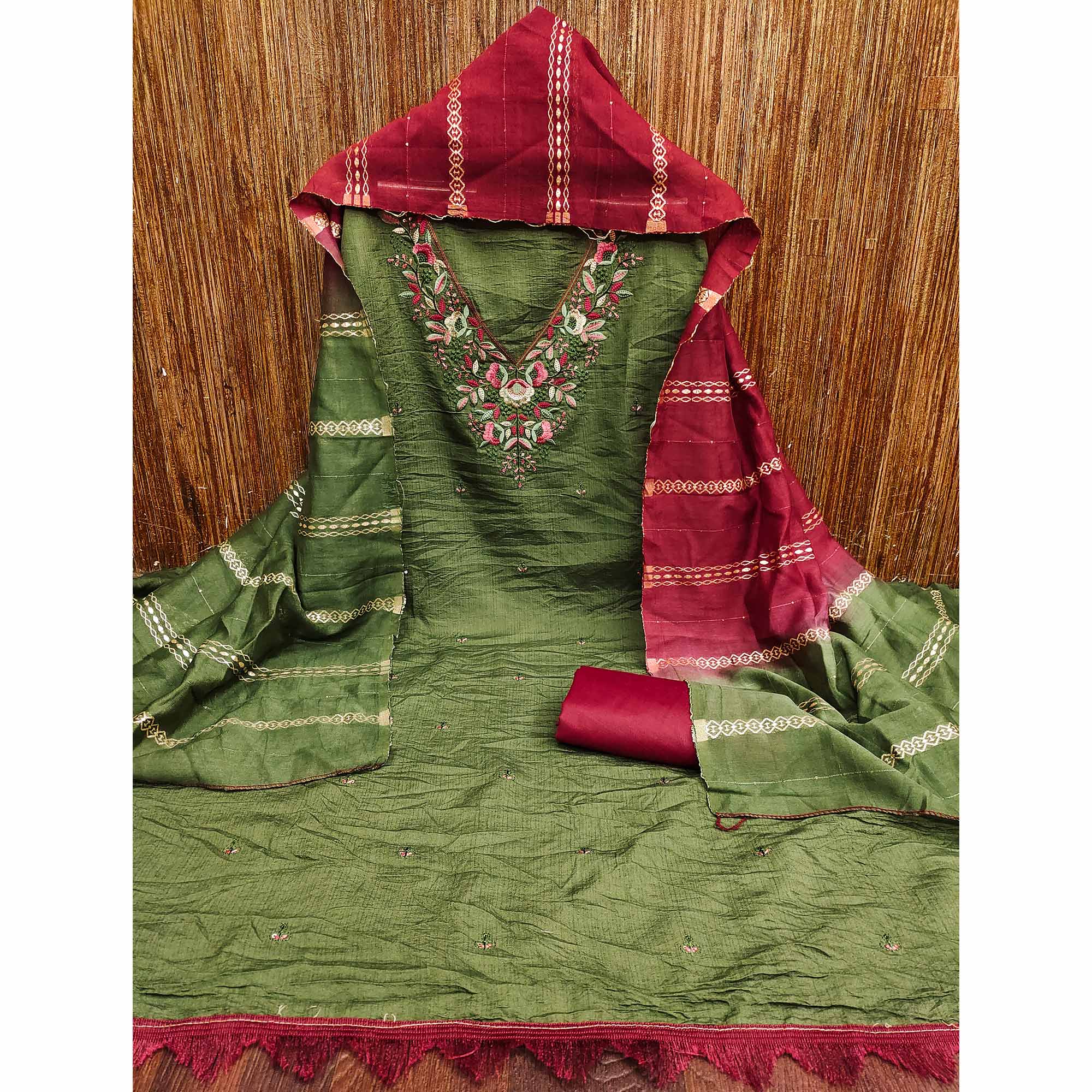 Green Floral Sequins Embroidered Cotton Silk Dress Material