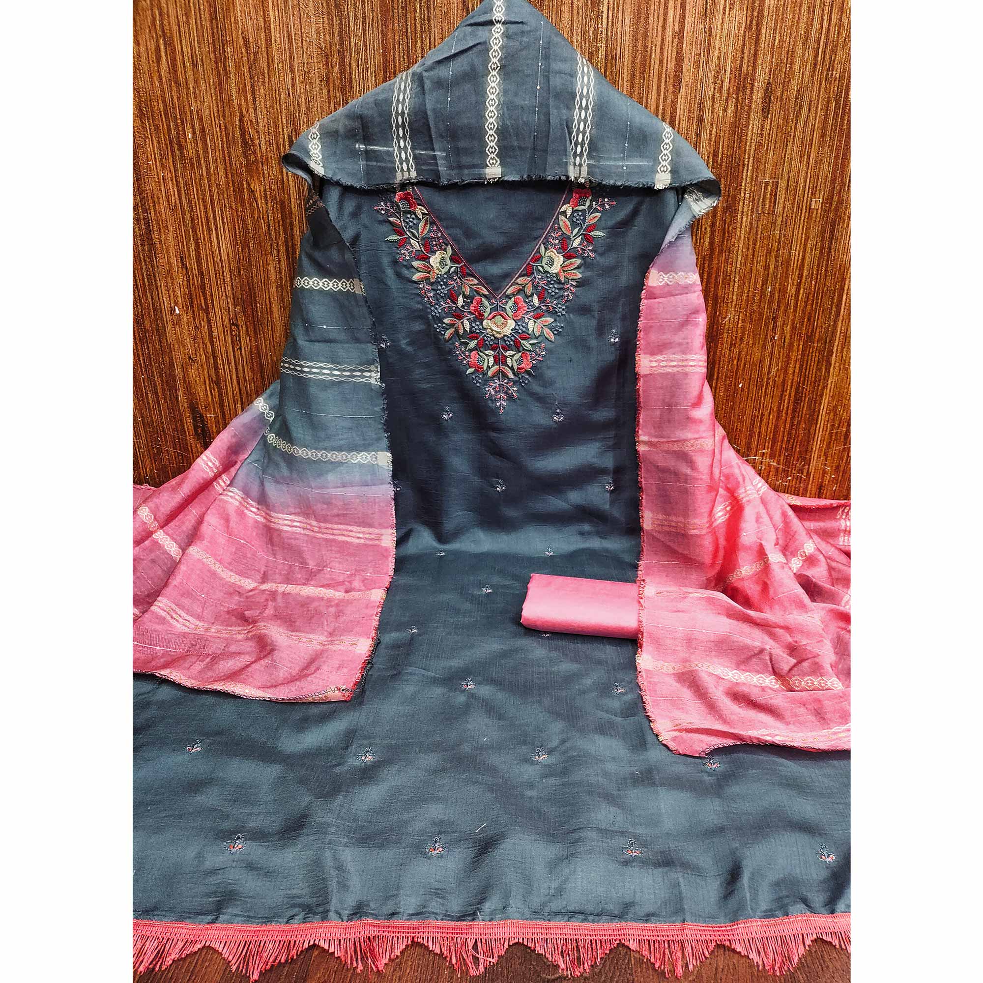 Grey Floral Sequins Embroidered Cotton Silk Dress Material