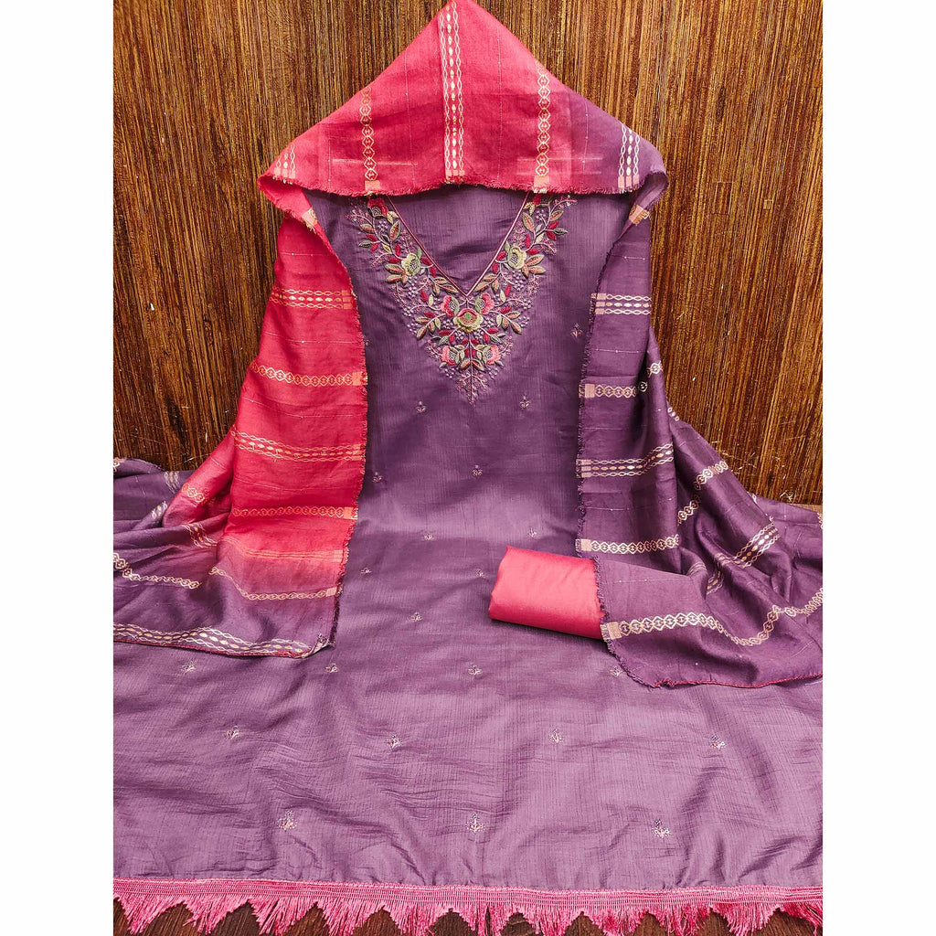 Lavender Floral Sequins Embroidered Cotton Silk Dress Material