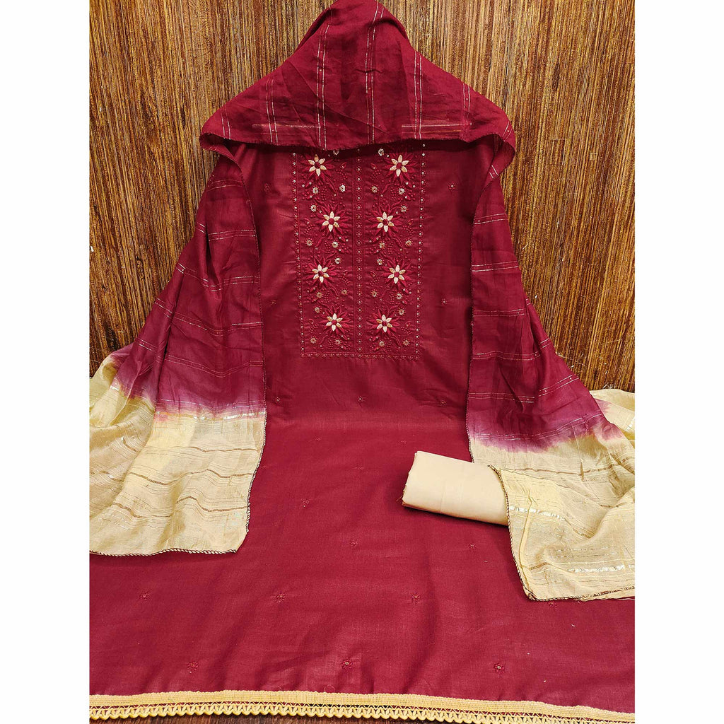 Maroon Floral Sequins Embroidered Slub Cotton Dress Material