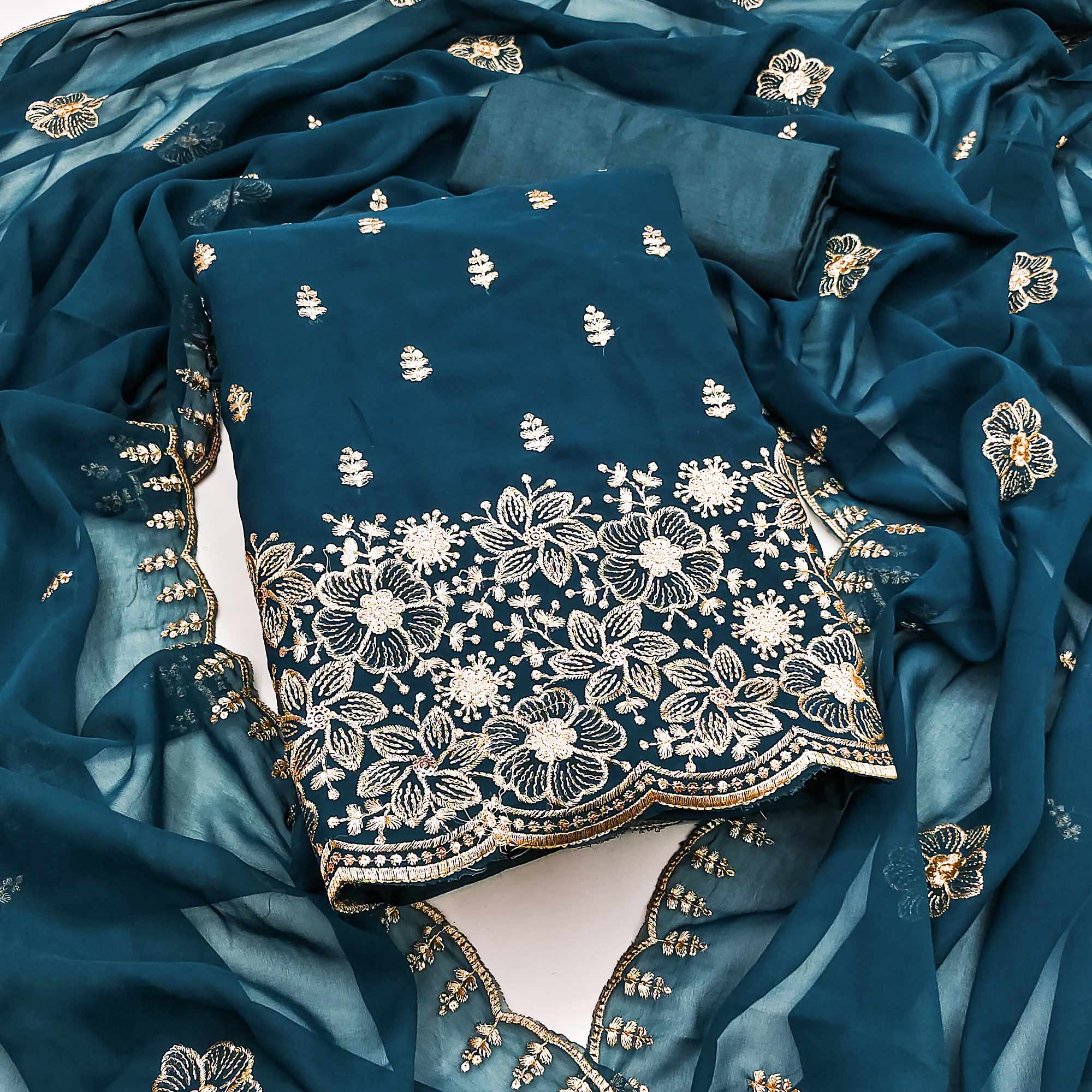 Blue Floral Sequins Embroidered Georgette Dress Material