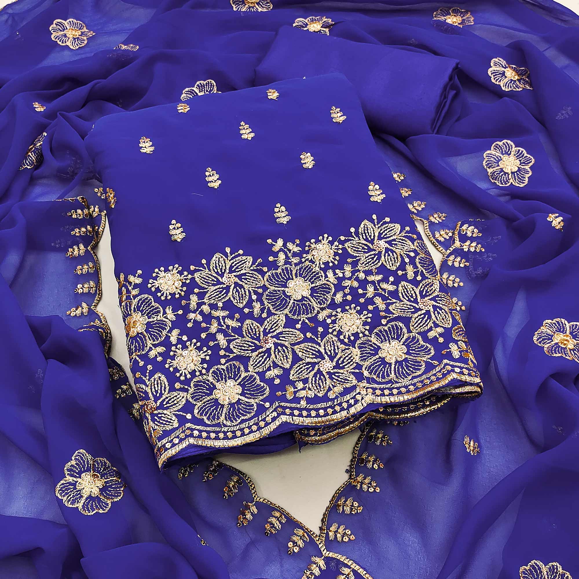 Majorelle Blue Floral Sequins Embroidered Georgette Dress Material