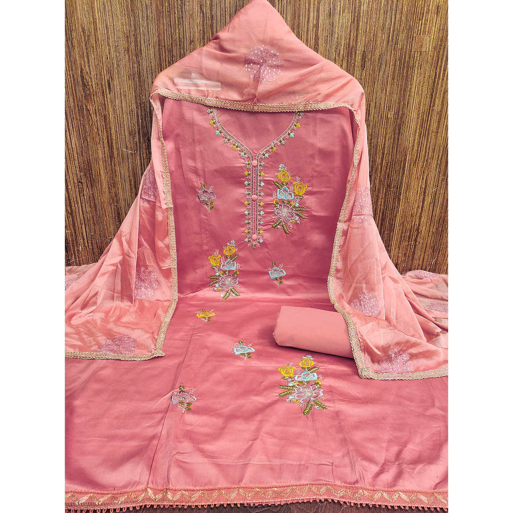 Breathable Pure Cotton Dress Material in Peach with Floral Designs