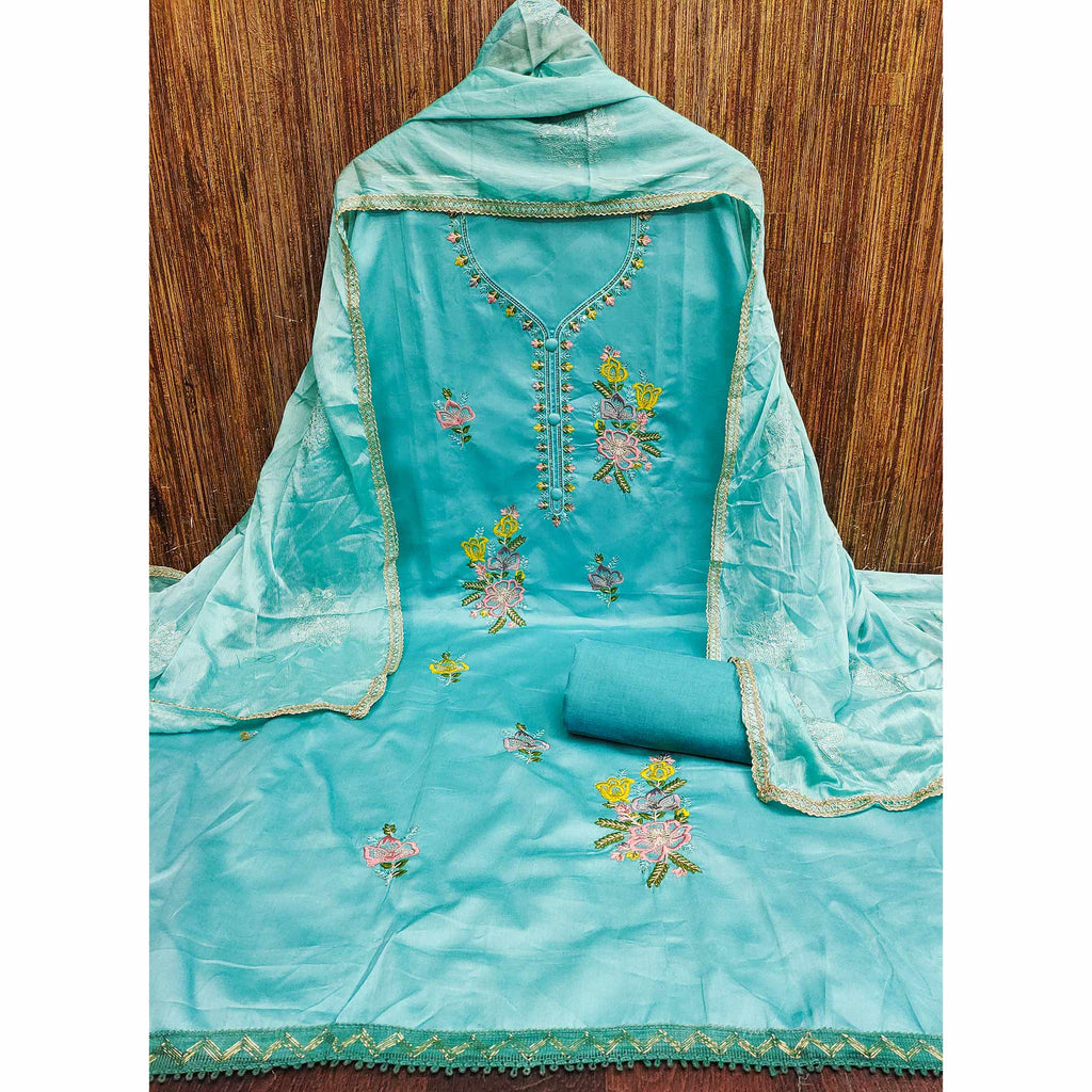 Breathable Pure Cotton Dress Material in Turquoise with Floral Designs