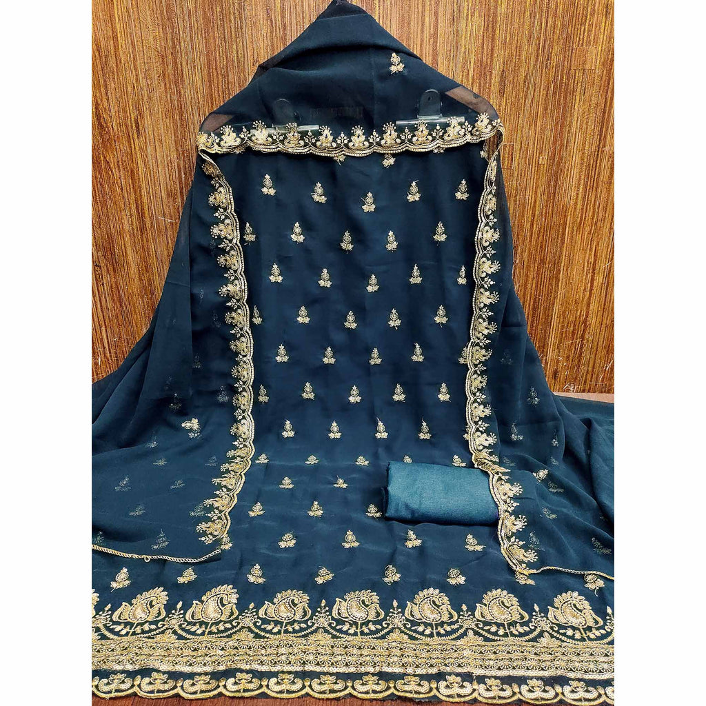 Dark Teal Georgette Dress Material with Sparkling Sequin Embroidery