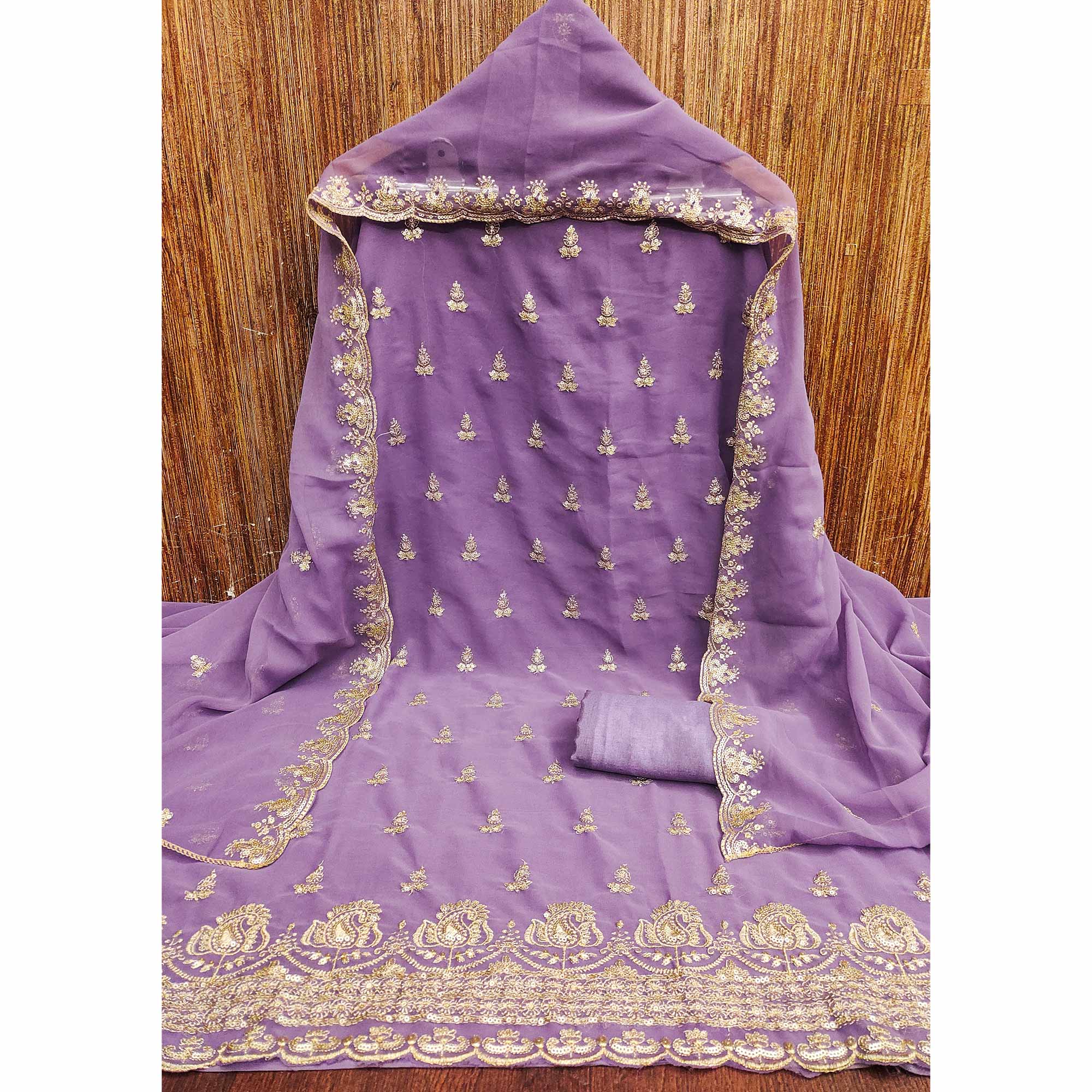 Lavender Georgette Dress Material with Sparkling Sequin Embroidery
